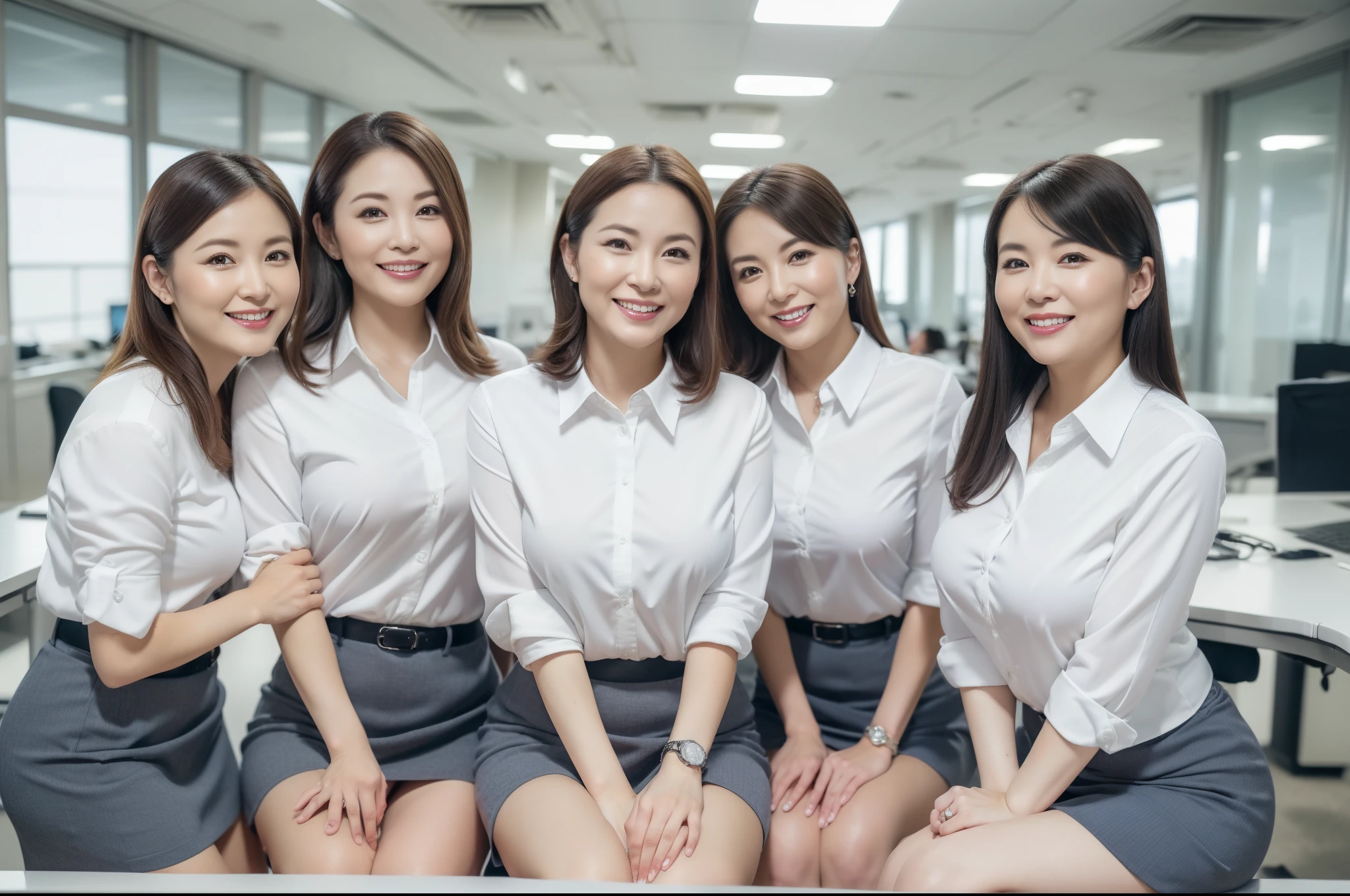 ((Best Quality, 8k, Masterpiecedetails, ultra-high resolution)), (group picture),(looking at the viewer), (full shot:), attractive business 5 milfs, 5 people, a bit chubby:0.25, seductive expression, white collared shirt, grey skirt, (sitting with cross legs on office desks)), smile, office of CEO,