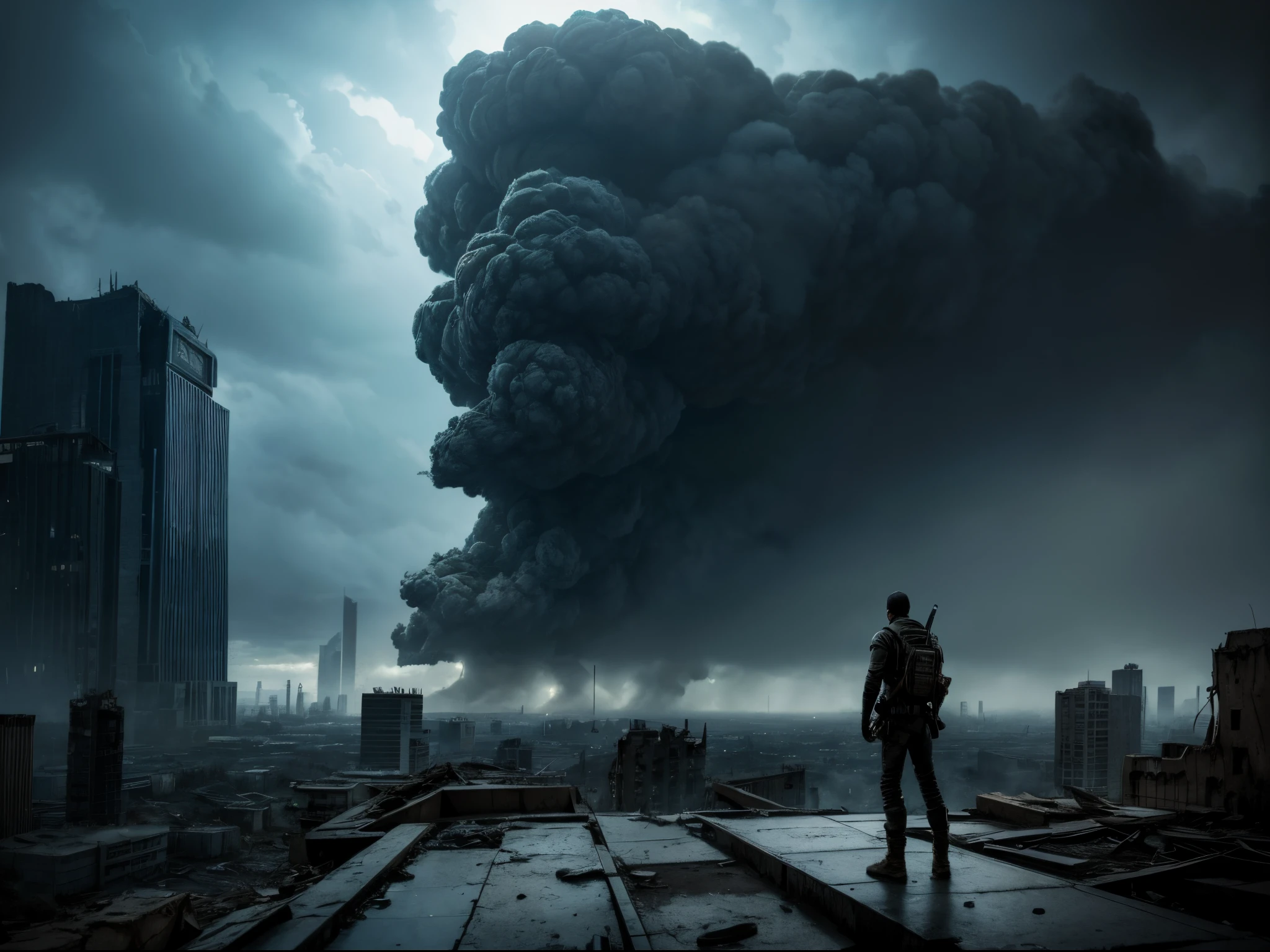 In a post-apocalyptic world, remnants of a once-great city lie in ruins. A lone survivor stands atop a skyscraper, gazing at the horizon where a colossal storm of swirling dark energy approaches.
