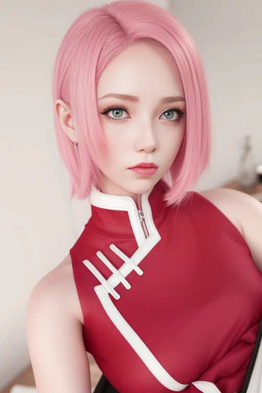 young woman, pale skin, short bubblegum pink hair, jade green eyes, red lips, red clothes, Sakura Haruno, realism, 3d
