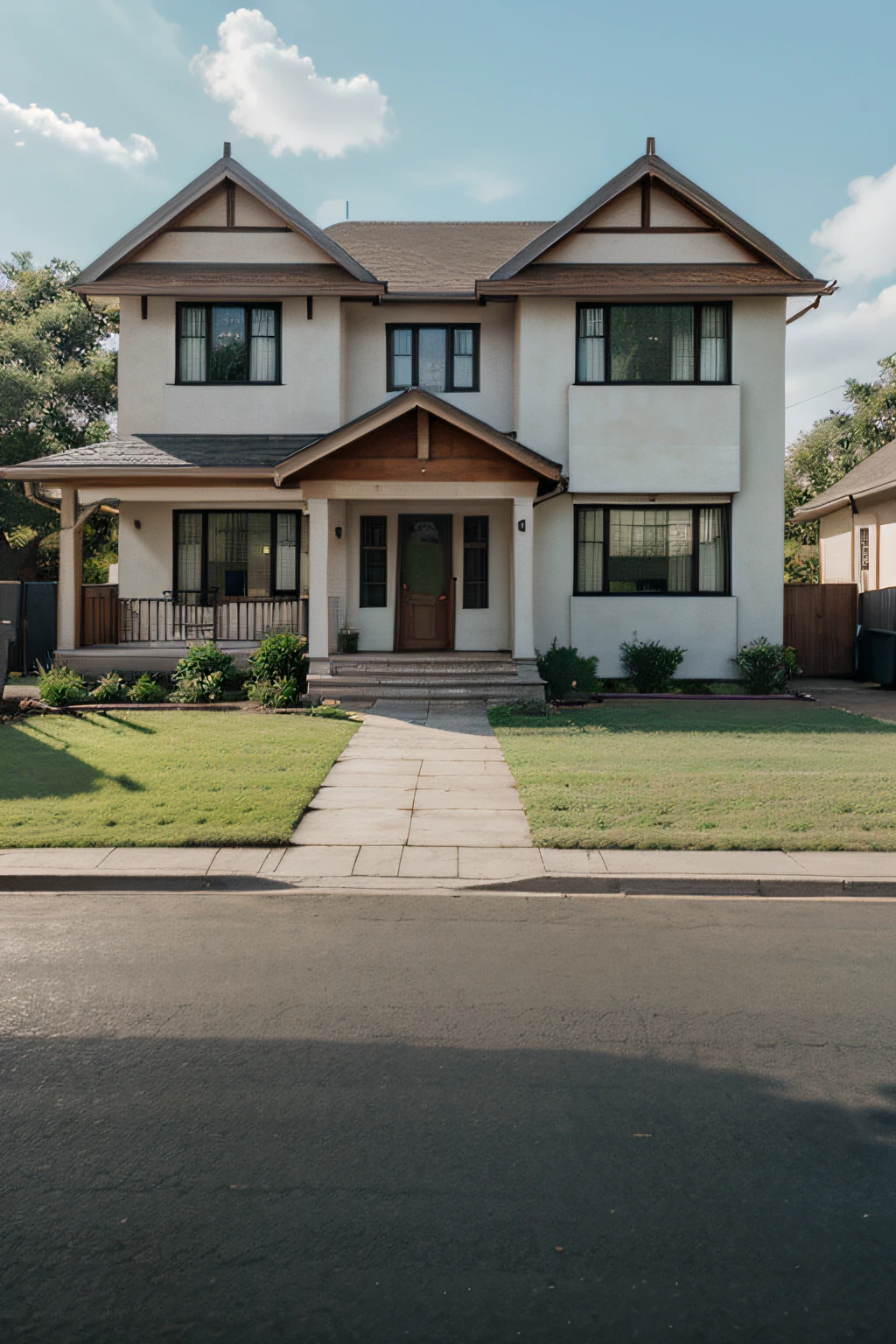 Front view simple house realistic 90's architecture 4k cinematic day