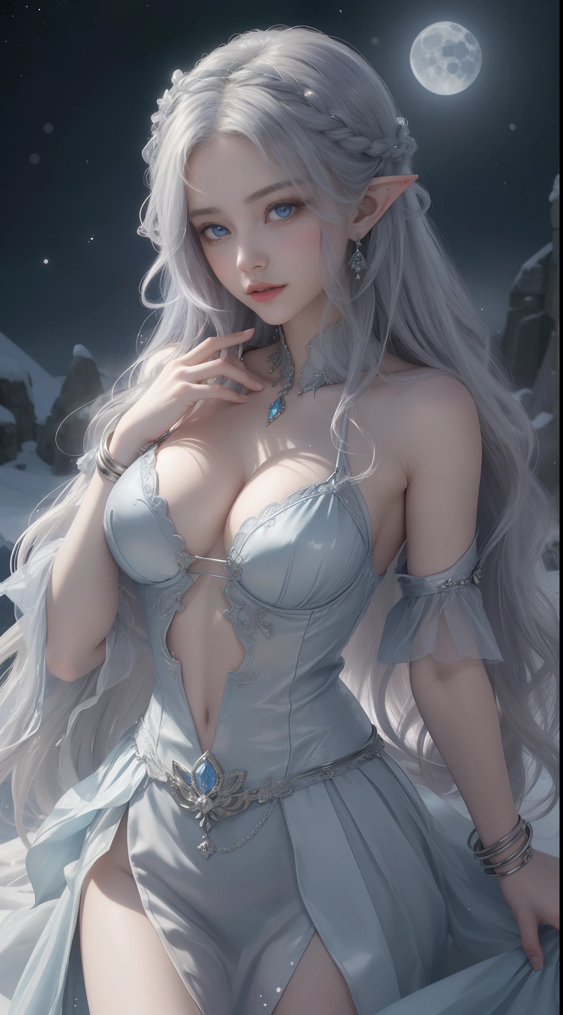 tmasterpiece，Highest image quality，Beautiful half length portrait of noble elf girl，Delicate silver hairstyle，clear sky blue eyes，Various well-made jewelry gauze skirts，snowy desert，Moonlight super detailed，advanced。At the Pixiv Art Station，Break your own power，Luigi，Big breasts exposing cleavage，R-18G