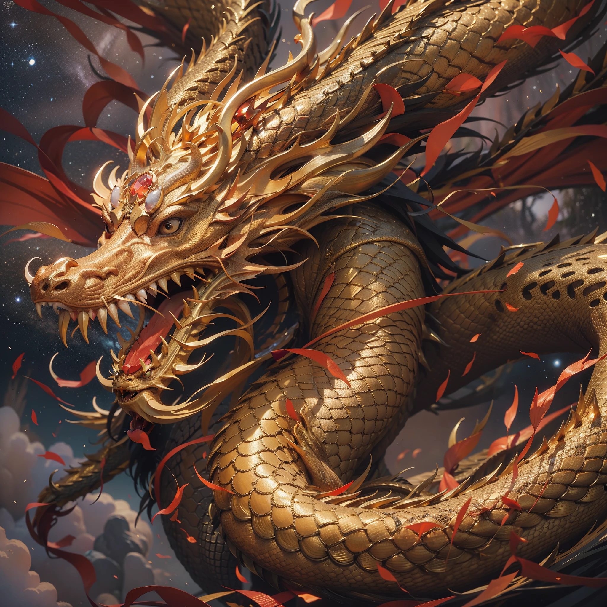 Dragons from China，From fiction the same，One person, one dragon，The Dragon of Justice，Circling around a person，(The details of the dragon are golden all over the body)，Golden-colored scales，Hovering around a young man，Look up at the camera，The mouth opened bloody mouth，chineseidol，Best Picture Quality，128k，The background is a multicolored starry sky，