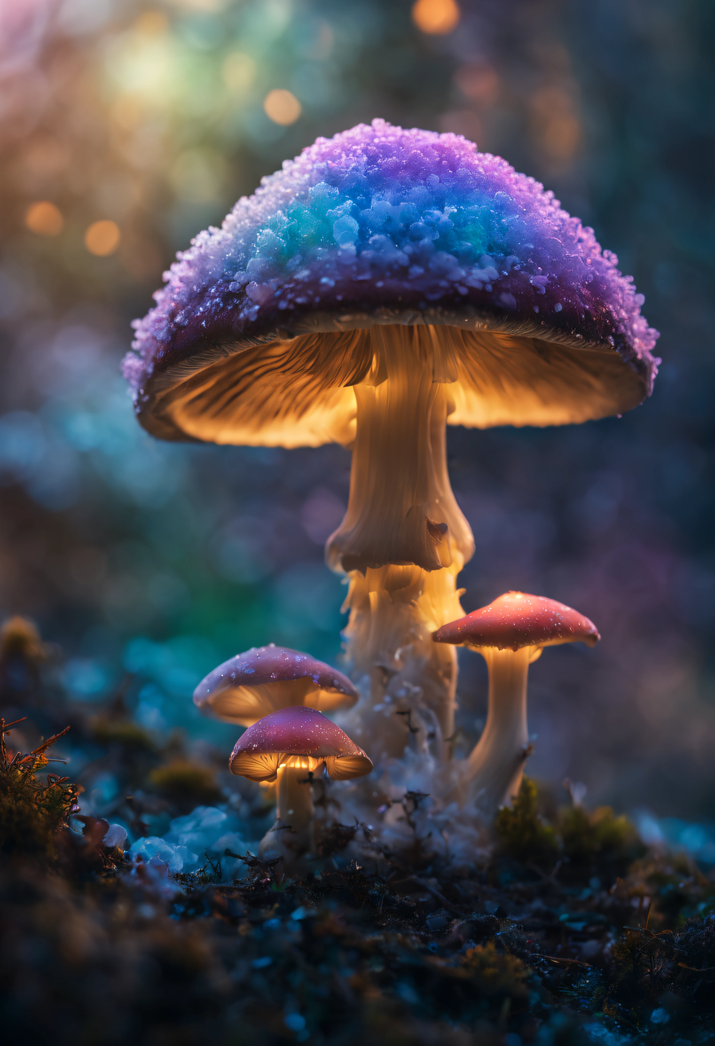 The main mushroom is frozen in ice during the freezing period.、covered with ice crystals、(((The inside of the mushroom appears to be filled with rainbow-colored smoke.)))、Mesmerizing surreal movie stills of Alice in Wonderland,、 magical dreamland bokeh background, A fascinating and eerie fantasy world, Illuminates dark shooting scenes with fantastic light。, Otherworldly elements of a familiar story, ether wonderland, mystic atmosphere, Dark magic and dark fantasy realism aesthetics, translucent bioluminescent material、Otherworldly luminescence、((Born in another world、A strangely shaped poisonous mushroom that emits bewitching smoke..,)) Ultra-realistic, (Voronoi pattern, depth of fields, (swirly bokeh:1.275), (Kodak Portra 400:0.875) :1.15), (Realistic and complex futuristic background,), (Turbulent Toxic Vapor:1.2, Magnificent surrealism, iridescent lighting, low key light:1.1), Notable masterpieces, celestial, Ethereal, epicd, Magical Light Flare, Natural, soft dreamy lighting, ((Warm Yellow and Deep Carbon:0.7), (Cinematic Look:1.15):1.15)
