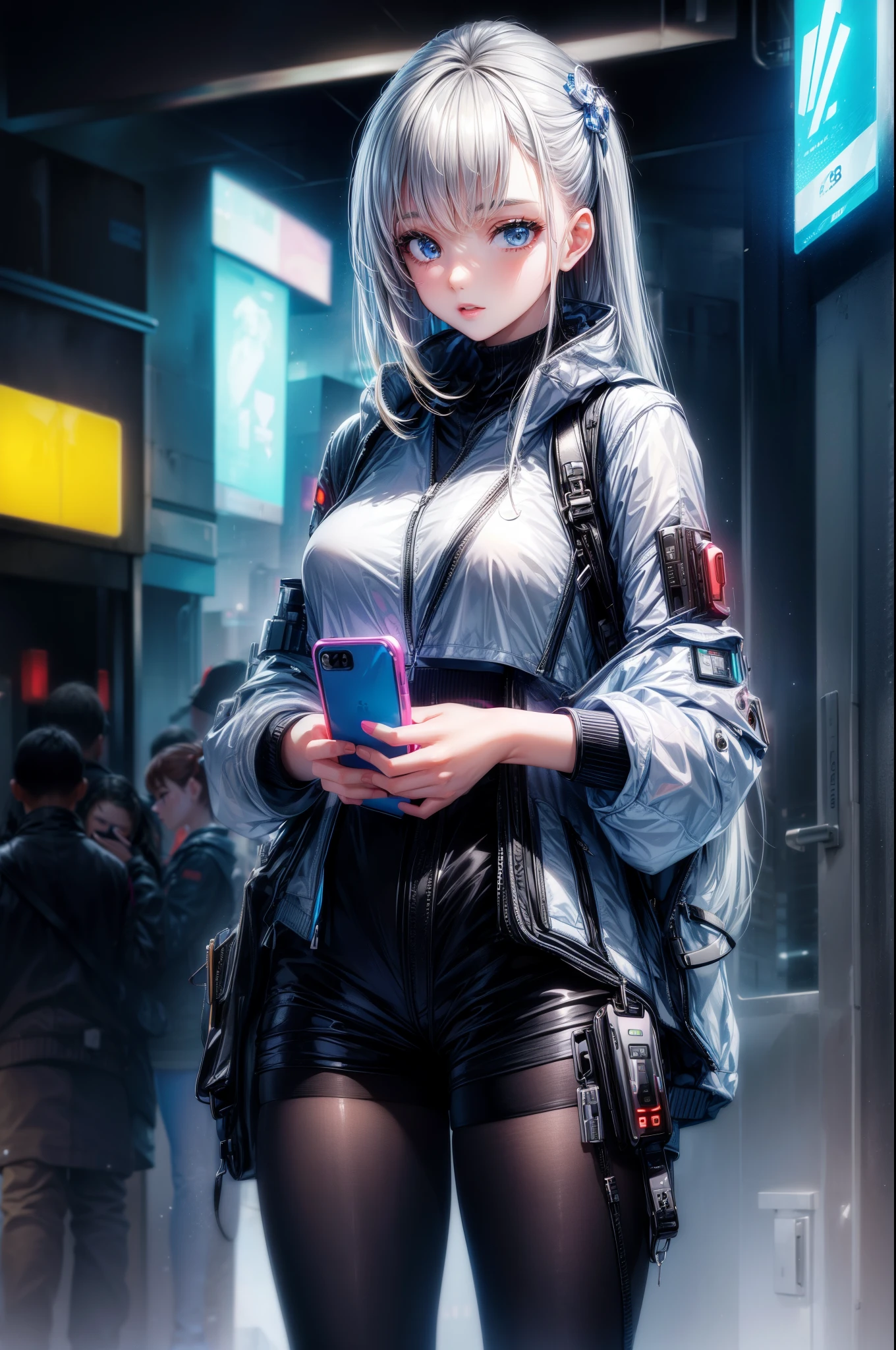 ((Beautiful girl holding mobile phone in hand)) 4K 8K:: actual::4 Cyberpunk::1 --v 4 --Quality 2