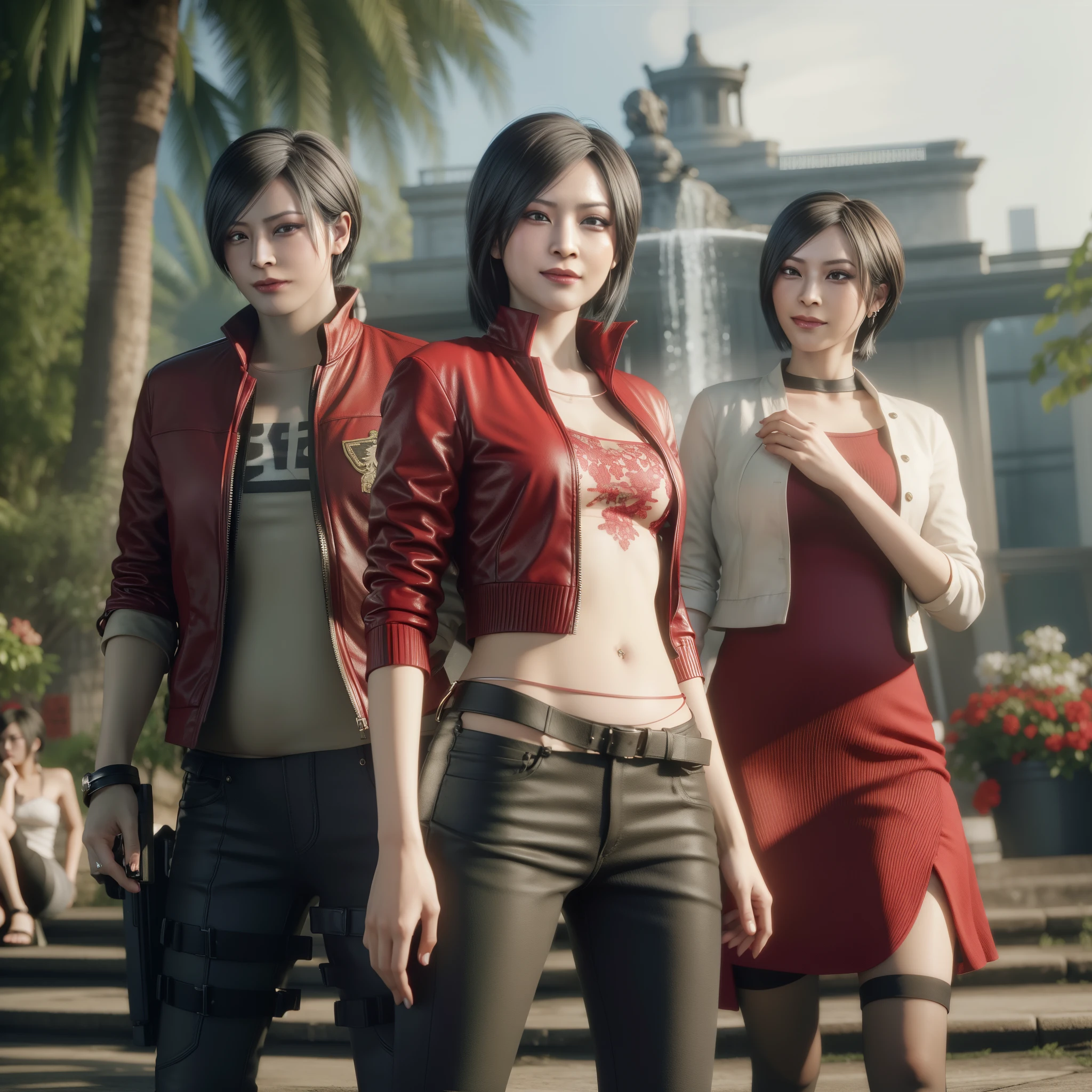 Ada wong ,Woman, wearing mini red dress, bob hair, Wearing Earrings, red polish, glare, pregnant, happy expression, smiling
