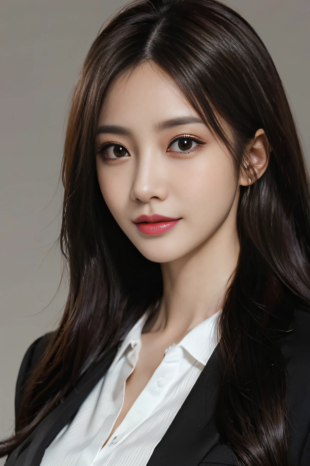 masutepiece, Best Quality, Photorealistic, Ultra-detailed, finely detail, High resolution, 8K Wallpaper, 1 beautiful woman,, light brown messy hair, in a business suit, foco nítido, Perfect dynamic composition, Beautiful detailed eyes, detailed hairs, Detailed realistic skin texture, Smiling, Close-up portrait, Model body type