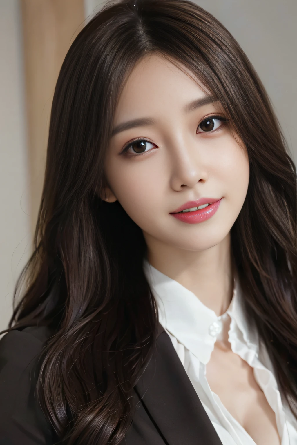 masutepiece, Best Quality, Photorealistic, Ultra-detailed, finely detail, High resolution, 8K Wallpaper, 1 beautiful woman,, light brown messy hair, in a business suit, foco nítido, Perfect dynamic composition, Beautiful detailed eyes, detailed hairs, Detailed realistic skin texture, Smiling, Close-up portrait, Model body type