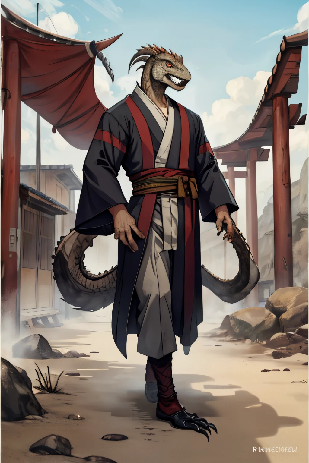 un hombre con cabeza y garras de velociraptor verde, usar kimono
