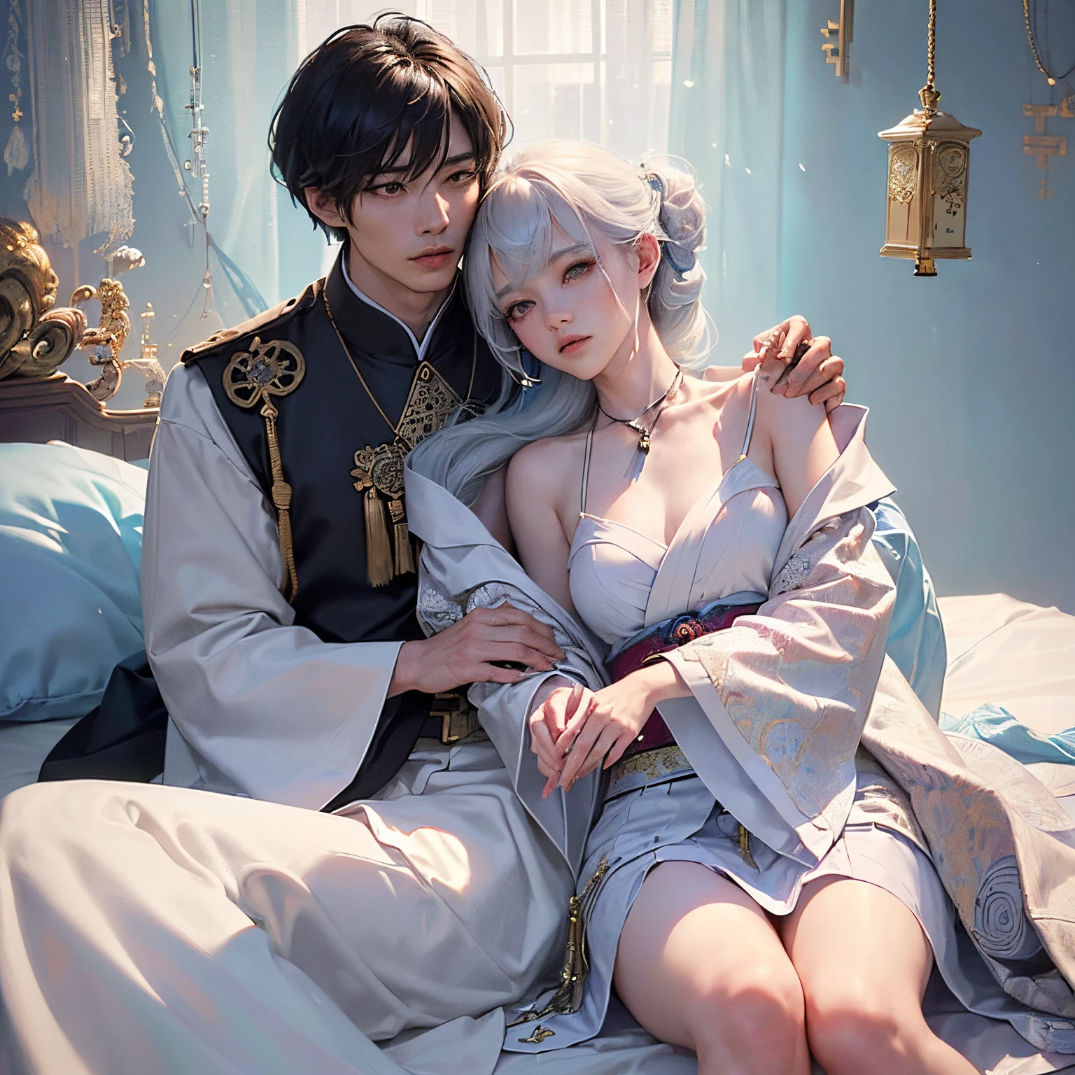 concept-art，"1 couple， Animal ears male focus， Beast ears，Beast tail， O cabelo multicolorido，Handsome boy，Long white hair， nipple tassels， By bangs，Colorful，Bold colors，White sexy kimono，（avas）komono，Female large breasts，Traditional Chinese clothing，closeup cleavage，Intimate interaction in bed，Look at each other，ear studs，Nipple Ring，sweat leggs，Illuminate people", rich colourful，Master composition，Focus on key people， photorealisti，tmasterpiece， awardwinning， best qualtiy， tmasterpiece， ultra - detailed， 8K， Extremely detailed Cg Unity 8K wallpapers， 复杂， highly  detailed， realisticlying