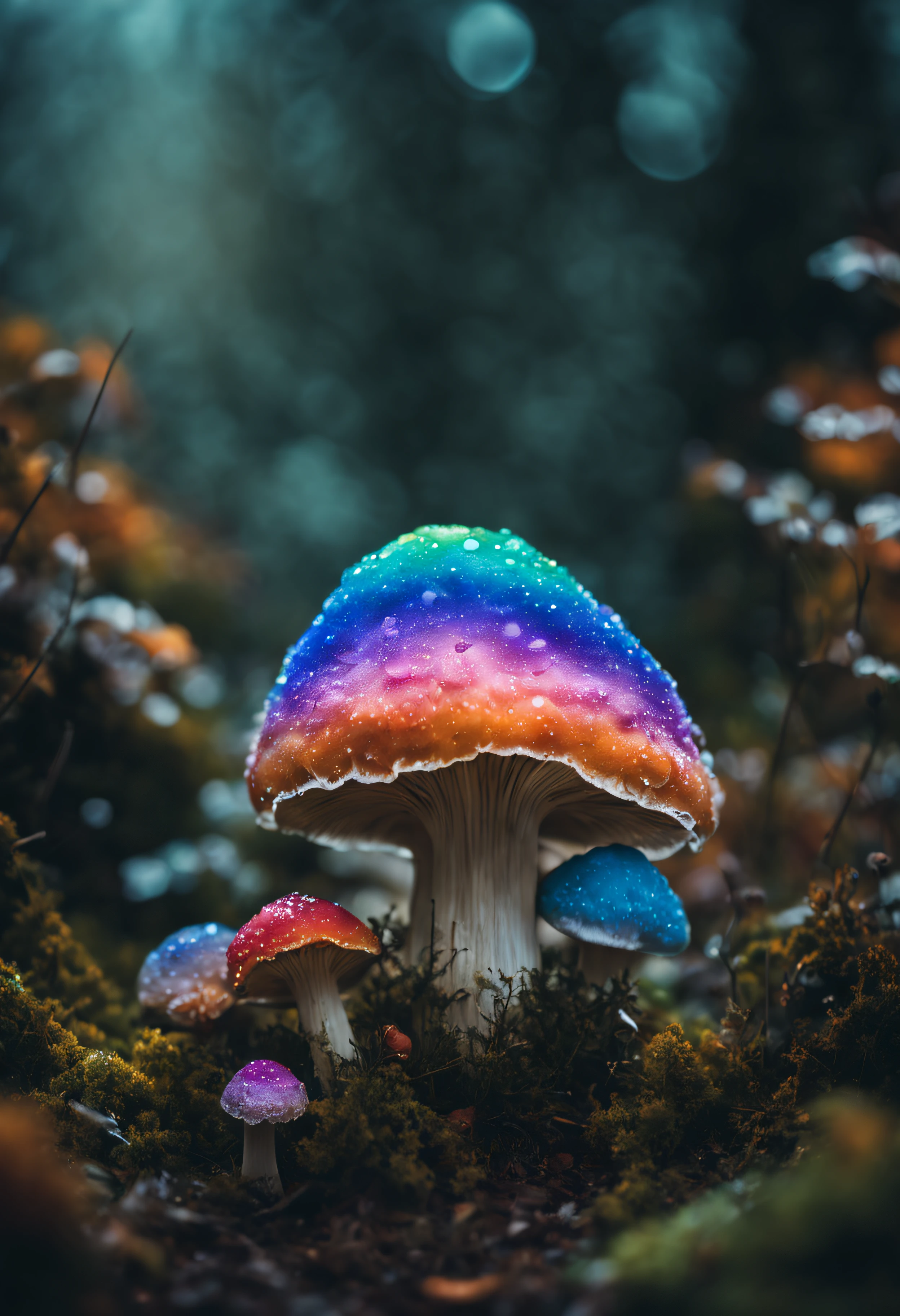 One of the main mushrooms is completely frozen due to the ice during the freezing period.、covered with many ice crystals、(((The inside of the mushroom appears to be filled with rainbow-colored smoke.)))、Mesmerizing surreal movie stills of Alice in Wonderland,、 magical dreamland bokeh background, A fascinating and eerie fantasy world, Illuminates dark shooting scenes with fantastic light。, Otherworldly elements of a familiar story, ether wonderland, mystic atmosphere, Dark magic and dark fantasy realism aesthetics, translucent bioluminescent material、Otherworldly luminescence、((Born in another world、A strangely shaped poisonous mushroom that emits bewitching smoke..,)) Ultra-realistic, (Voronoi pattern, depth of fields, (swirly bokeh:1.275), (Kodak Portra 400:0.875) :1.15), (Realistic and complex futuristic background,), (Turbulent Toxic Vapor:1.2, Magnificent surrealism, iridescent lighting, low key light:1.1), Notable masterpieces, celestial, Ethereal, epicd, Magical Light Flare, Natural, soft dreamy lighting, ((Warm Yellow and Deep Carbon:0.7), (Cinematic Look:1.15):1.15)