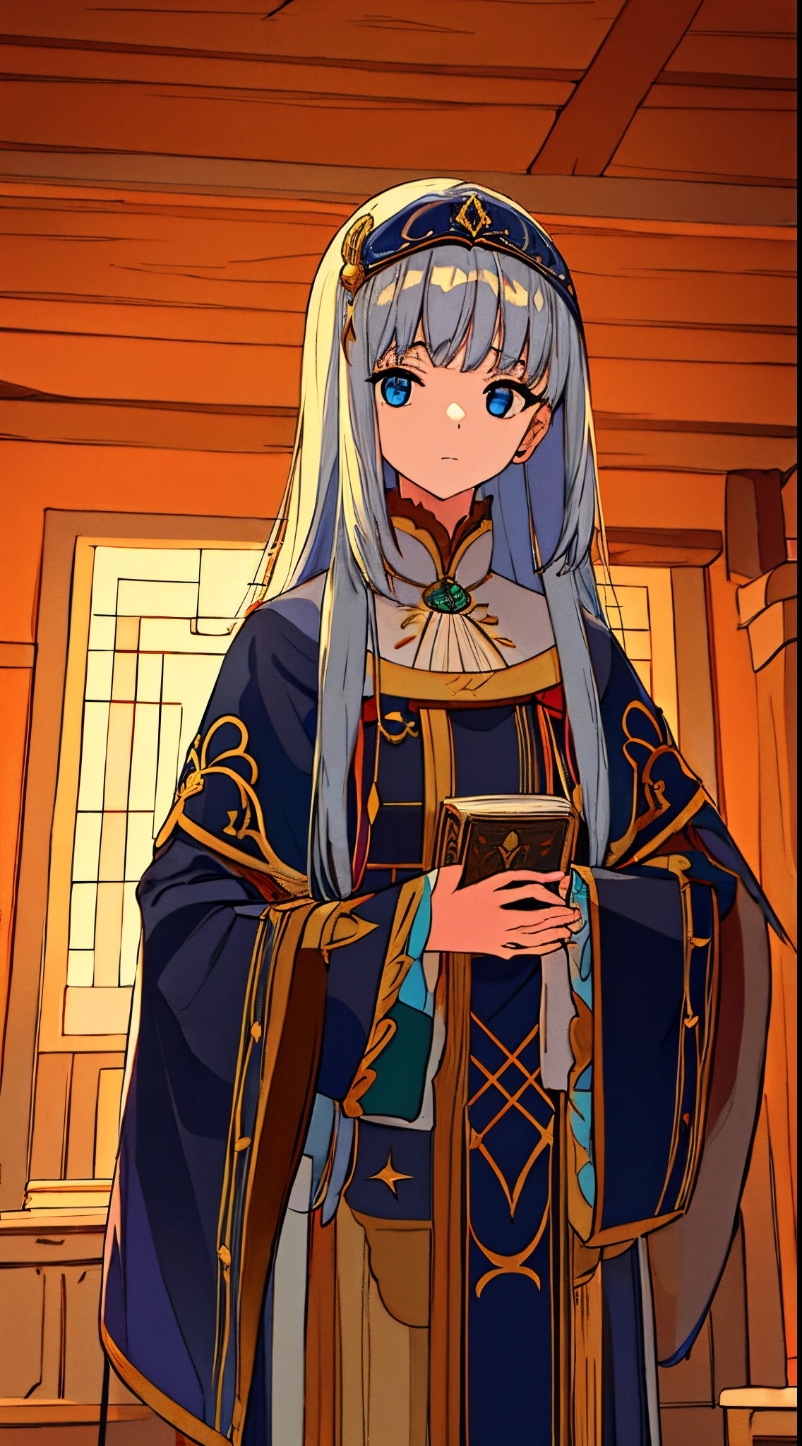 Estilo anime jovem beleza mulher em vestido clonial andando no castelo lendo um livro, tela nas paredes, velas nas paredes, abrir janelas, mesa com livros, ela fica com vergonha e olha para frente, ela tem cabelo ruivo cacheado, americana sulista, algumas sardas no rosto, roupas coloniais bem detalhadas, bochechas rosadas, brincos, barefoot