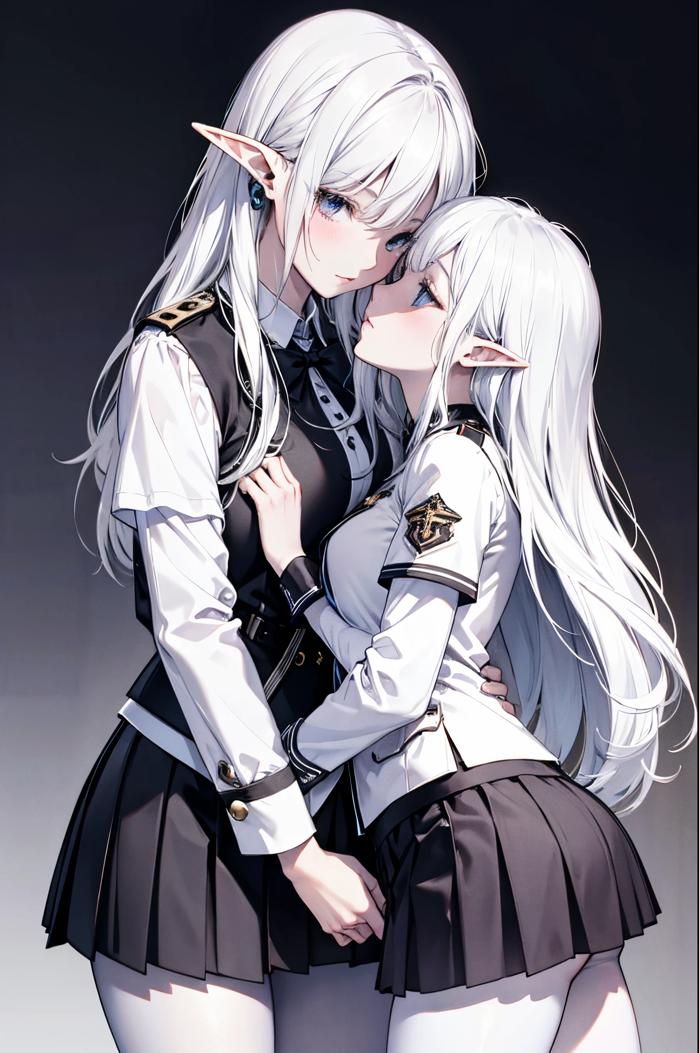 Detailed image, realistic image, 2 elves, kissing, with top and pleated miniskirts. colorless background, uniform background