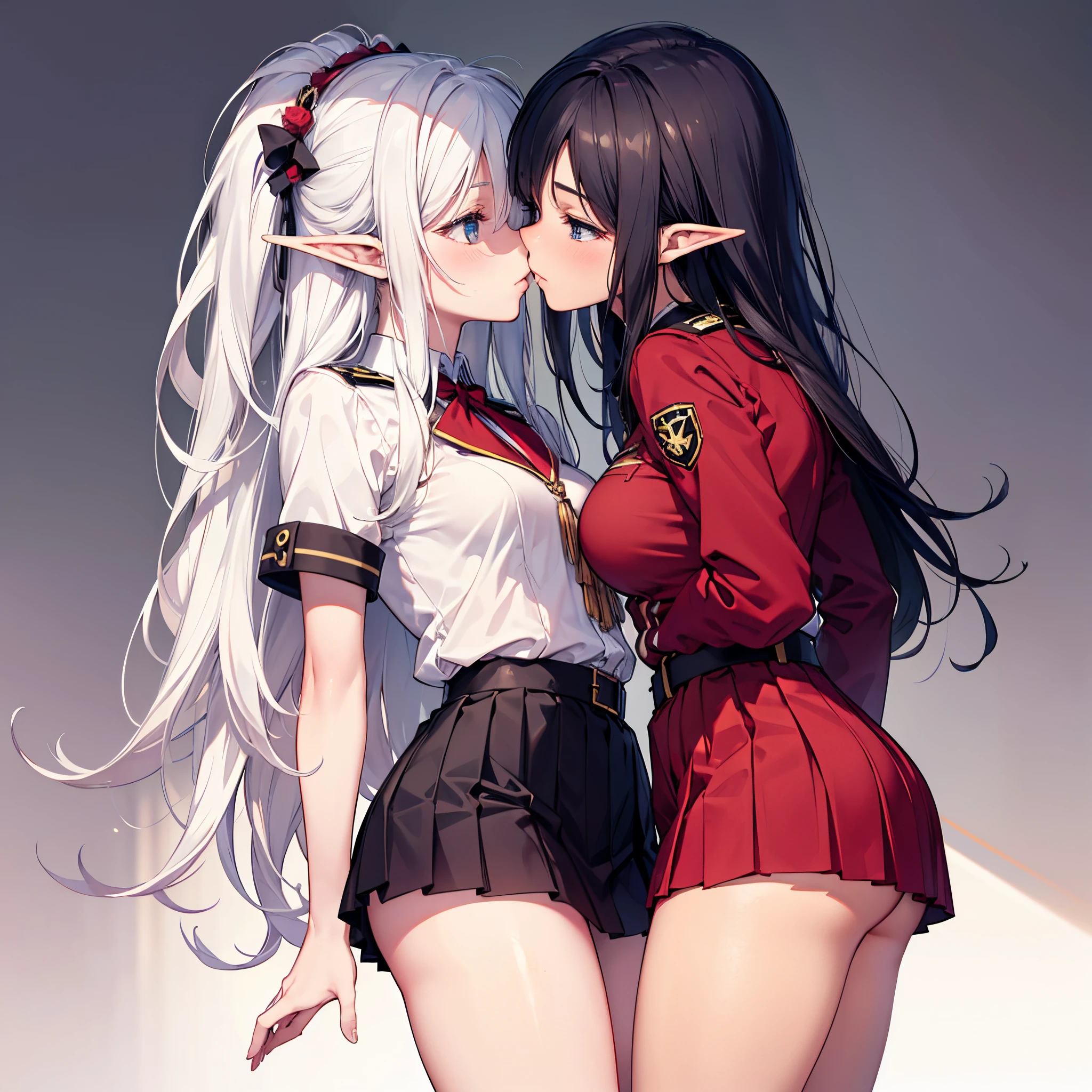 Detailed image, realistic image, 2 elves, kissing, with top and pleated miniskirts. colorless background, uniform background