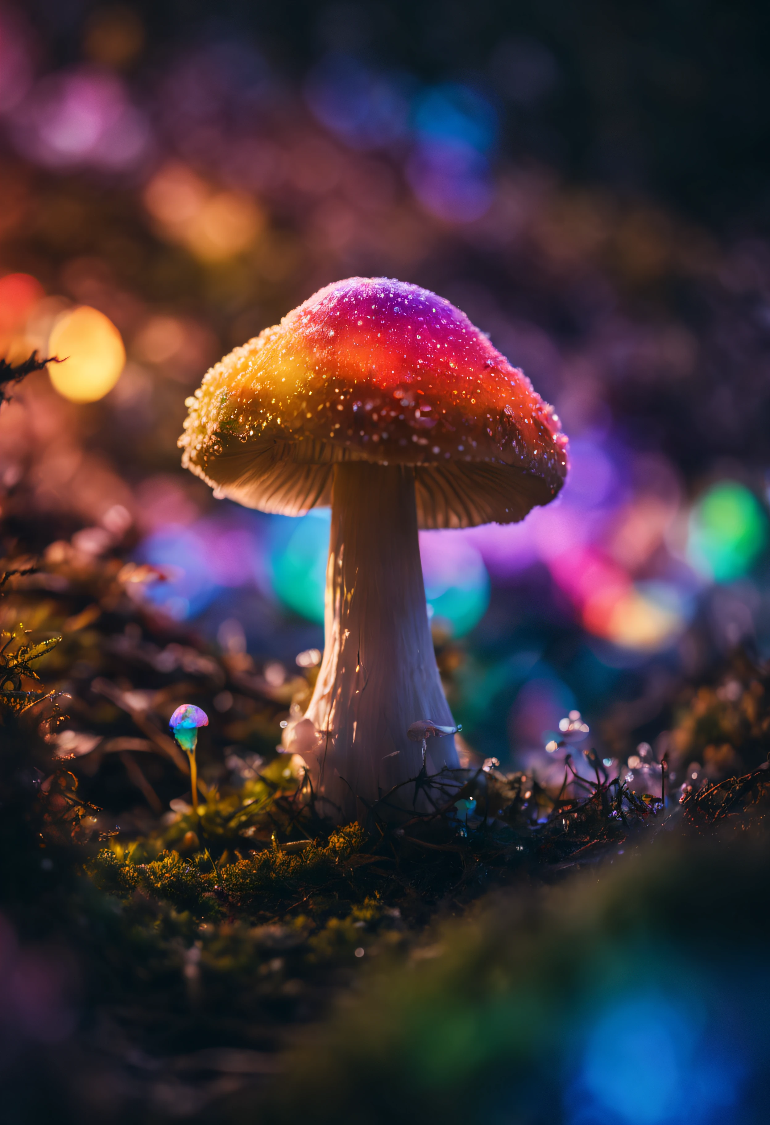 The main mushroom is frozen in ice during the freezing period.、covered with very large ice crystals、(((The inside of the mushroom appears to be filled with rainbow-colored smoke.)))、Mesmerizing surreal movie stills of Alice in Wonderland,、 magical dreamland bokeh background, A fascinating and eerie fantasy world, Illuminates dark shooting scenes with fantastic light。, Otherworldly elements of a familiar story, ether wonderland, mystic atmosphere, Dark magic and dark fantasy realism aesthetics, translucent bioluminescent material、Otherworldly luminescence、((Born in another world、A strangely shaped poisonous mushroom that emits bewitching smoke..,)) Ultra-realistic, (Voronoi pattern, depth of fields, (swirly bokeh:1.275), (Kodak Portra 400:0.875) :1.15), (Realistic and complex futuristic background,), (Turbulent Toxic Vapor:1.2, Magnificent surrealism, iridescent lighting, low key light:1.1), Notable masterpieces, celestial, Ethereal, epicd, Magical Light Flare, Natural, soft dreamy lighting, ((Warm Yellow and Deep Carbon:0.7), (Cinematic Look:1.15):1.15)