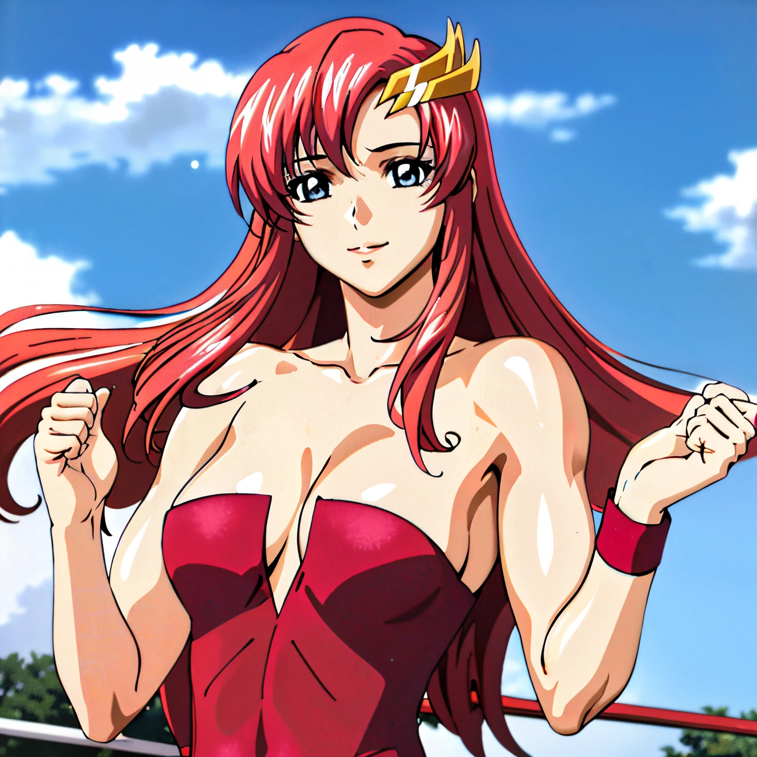 (masterpiece, stretching, upper body view, 4K, Best Quality, Anime style: 1.9, far view, Woman, ultra detailed face, (cloud background, wrestling), Drawing lines, high resolution, Anime, lacus4), 1girl, Solo, curvy figure, Long hair, 鎖骨, scapular, (Detailed wide hair bangs, Hair Ornament, Detailed reddish-pink hair, shiny streaks, hair cover shoulders, golden crest), cleavage, large hands, (female wrestler). (Big blue eyes, shiny eyes), ((female wrestler, (slim body), , little biceps, closed fists, thighs)), ((perfect proportions, medium breasts, long belly)), (((red strapless, neck band))), happy, smile, (standing, looking at the viewer)