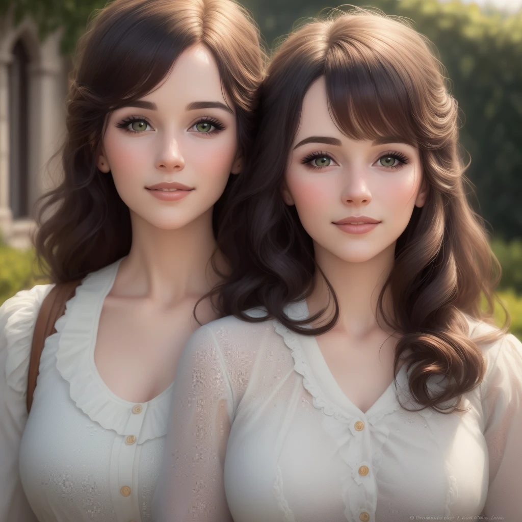 Obra maestra, La mejor calidad, .RAW, analog style, A stunning portrait of a couple deeply in love in the gardens of a large English country mansion on a sunset, la luz del sol que llega a su cabello y piel, in the year 1850. El hombre es alto, fuerte, and handsome tan with messy wavy brown hair, brown eyes, and is around 30 years old. La mujer es delicada con cabello negro liso peinado una trenza de caballo, ojos verde oscuro, y labios carnosos, about 19 years old, Scarlett Ohara rasgos faciales perfectamente detallados. Create a realistic masterpiece illustration with intricate details that capture your love and emotions, He smiles at her tenderly. Wear clothing appropriate for the time period, and make sure the artwork is highly detailed. Por favor, Pay close attention to detail, como las luces y sombras en la cara y el cabello, para crear una imagen realista y realista. Experiment with different lighting techniques to improve the mood and atmosphere of the portrait. El producto final debe ser una obra maestra que capture la esencia y la belleza de la pareiel altamente detallada, Detalles de la piel)), foco nítido, volumetric mist, 8k UHD, DSLR, alta calidad, Film grain, Fujifilm XT3