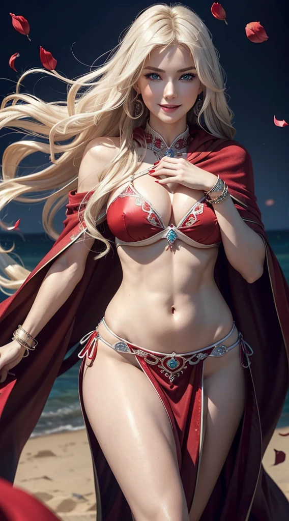 A 23-year-old white woman with unparalleled beauty.、blue eyess、platinum-blonde、White skin、hair is wavy、Longhaire、The ends of the hair are curled upwards、a smile、Wearing a sexy red belly dance dress、dancing belly dance、Detailed art nouveau background、The navel is out、My abs are cracked、Slender yet well-proportioned muscular body、Photorealistic images、8K picture quality、I'm punching my chest、I don't want my head to disappear from the screen.、Wearing accessories on your wrist、wearing red nail polish、uses a bright red cloak、A lot of flower petals are dancing around me、The area of the loin cloth is smaller、wears ornaments on the forehead
