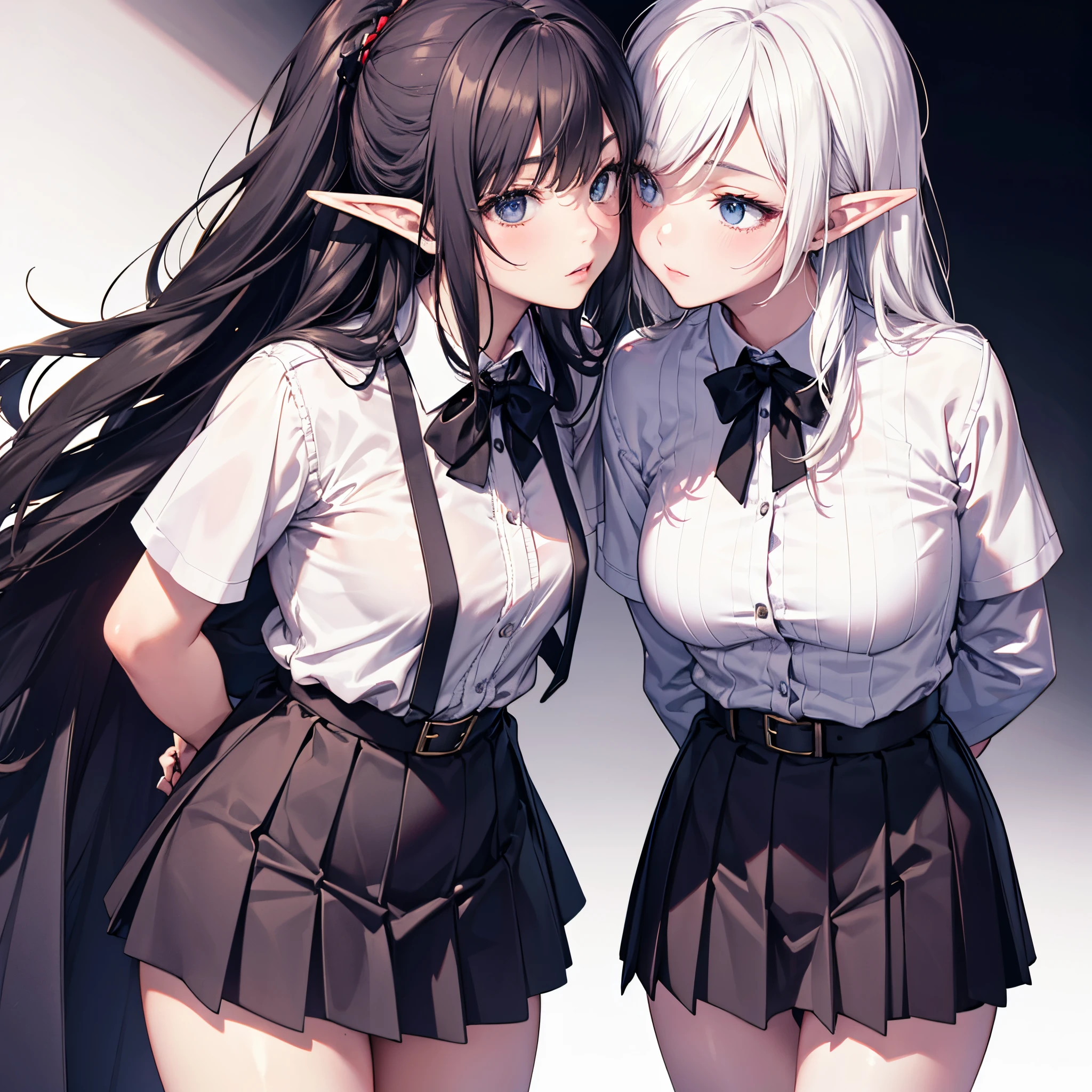 Detailed image, realistic image, 2 elves, kissing, with top and pleated miniskirts. colorless background, uniform background