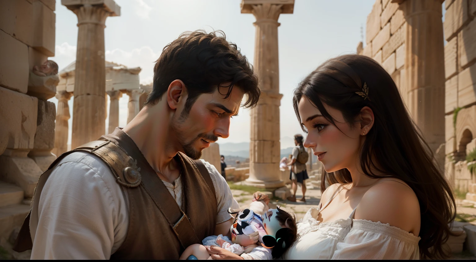 A man and his wife holding a newly born baby, ancient Greece setting