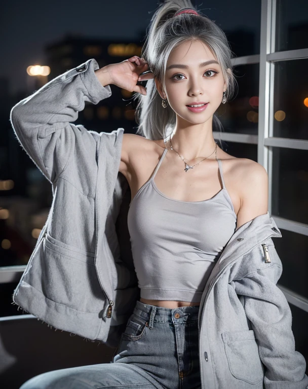(((Masterpiece, 8K, photorealistic, ultra realistic):1.4))),
KAWAII, ig model, 22 years old, 170 cm, ((medium breasts):1.4), ((slender waist, toned thighs, toned arms):1.4), ((small head, small face):1.4), small nose, ((small mouth, small lips):1.4), ((short jow,small jow):1.5), ((diamond Face,):1.3), Sharp Faceline,
_
BREAK ((big eyes, Double eyelid, tareme, droopy eyes):1.5), ((smile:1.4)), ((teeth):1.3), (mole under eye), (Perl White teeth), ((gray hair):1.4), ((short hair, ponytail):1.3), asymmetrical hair, ((Blue eyes):1.4), (no makeup look eyebrow:1.3), light makeup, shiny skin, ultra-detailed skin, detailed face, (detailed face skin), perfect beautiful eyes, (ultra-detailed eyes:1.3), shiny hair, ultra-detailed fingers,
_
BREAK ((all body)), walking, in the room, look at, ((wide shot)), dynamic, Focus,
_
(black theme and White), in the night, Inorganic, Inorganic concrete studio with window, small window, gray concrete block, highly, blur, blur background, front lightning, Cinematic lighting,
BREAK ((Gray fur down jacket elegant adorned, The down jacket features a hood):1.2), (underneath turtleneck knit exudes feminine grace), BREAK ((Paired with high-waisted denim pants)), ((this ensemble highlights and complements the figure, achieving a harmonious blend of warmth and refined fashion):1.3), ((silver earring, silver bracelet, silver necklace):1.2), ((perfect wear, detailed wear):1.4), raw photo,