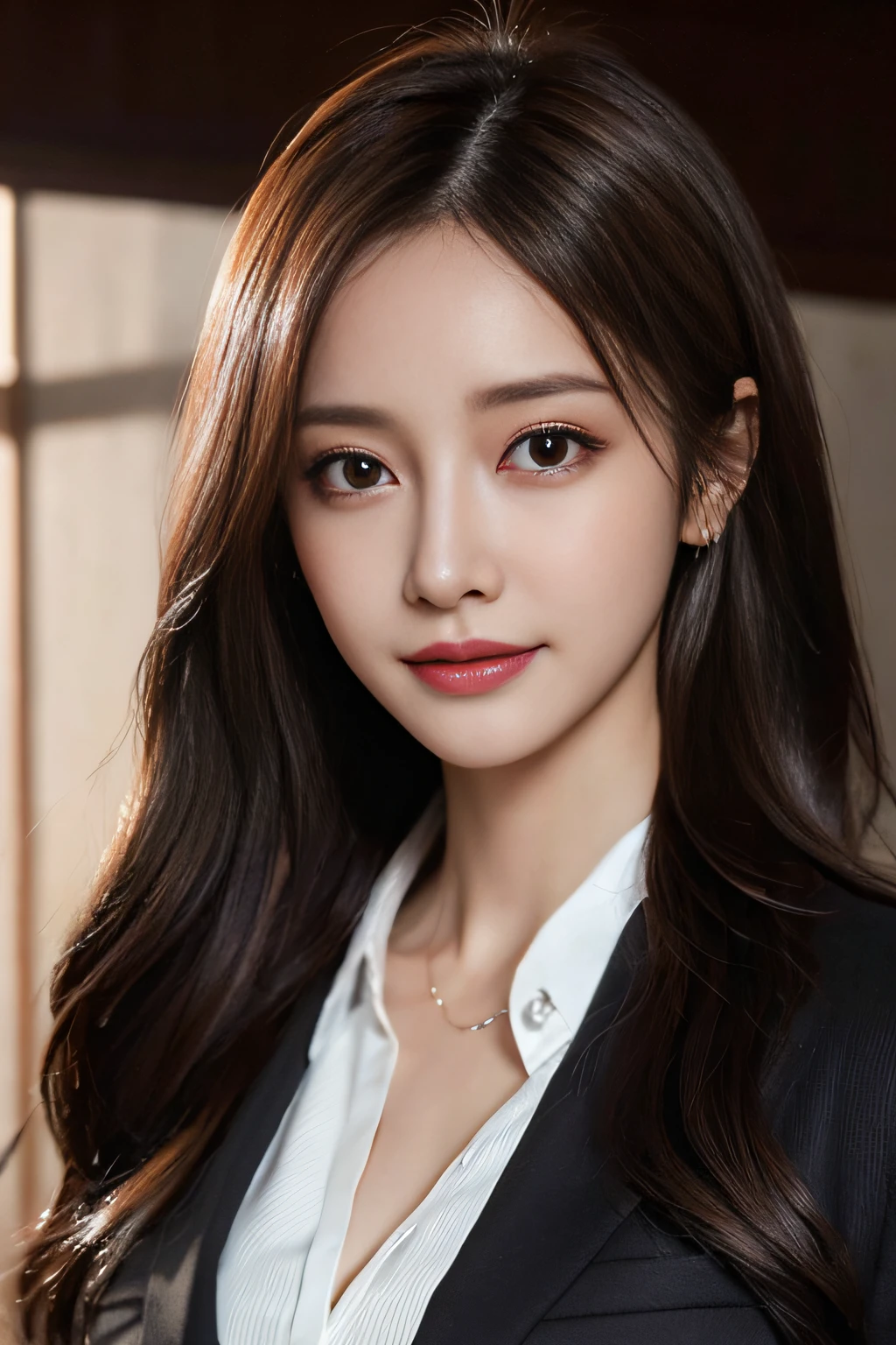 masutepiece, Best Quality, Photorealistic, Ultra-detailed, finely detail, High resolution, 8K Wallpaper, 1 beautiful woman,, light brown messy hair, in a business suit, foco nítido, Perfect dynamic composition, Beautiful detailed eyes, detailed hairs, Detailed realistic skin texture, Smiling, Close-up portrait, Model body type