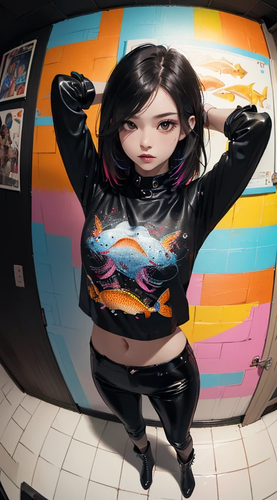 (((8k wallpaper of extremely detailed CG unit:1.2, ​masterpiece, hight resolution:1.2, top-quality:1.2, masutepiece))), ((a very beautiful woman, Arms behind your head:1.8, Grunge Fashion:1.2, Wearing a blouson:1.2, Wearing black leather pants, Wearing boots)), ((extra detailed face, Contrasting eyes, Highly detailed black eyes:1.2, extra detailed body, Top quality real texture skins)), (A dark-haired, length hair, de pele branca, Small), ((colorful geometric pattern wall, Colorful wall)), (low angles:1.2, Fisheye:1.3), hyper realisitic, digitial painting,