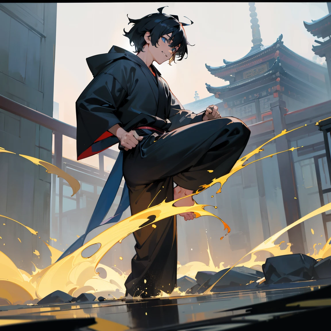 (best quality,4k,highres,masterpiece:1.2),ultra-detailed,physically-based rendering,professional,vivid colors,bokeh,portrait,anime,messy blueish black hair,dark blue eyes,white and black hoodie,baggy grey pants,smiling expression,temple background,standing in outdoor martial arts temple, young male , 1male , martial arts clothing