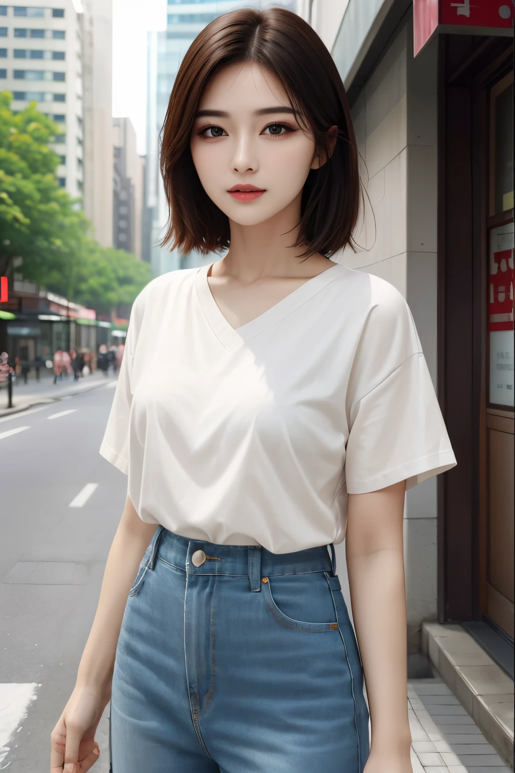 a woman, (realistic), (hyperrealism), (photorealistic), depth of field, eye makeup:0.5, (upper body:1.2), (narrow waist:0.7), looking at the viewer, casual outfit, at the city streets,