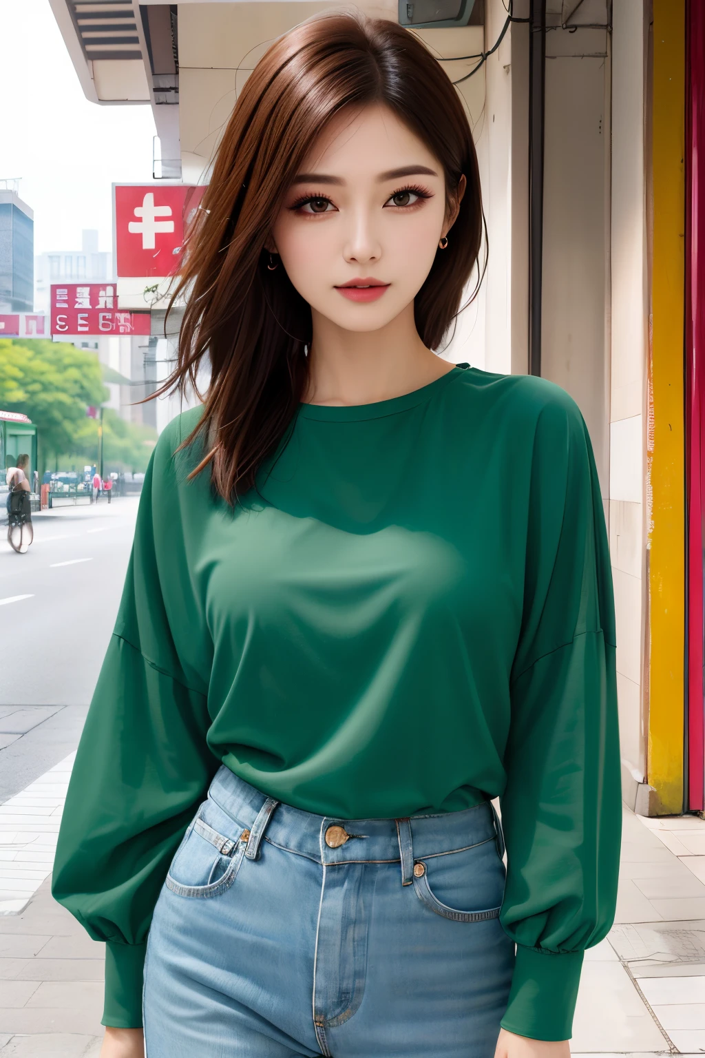 a woman, (realistic), (hyperrealism), (photorealistic), depth of field, eye makeup:0.5, (upper body:1.2), (narrow waist:0.7), looking at the viewer, casual outfit, at the city streets,