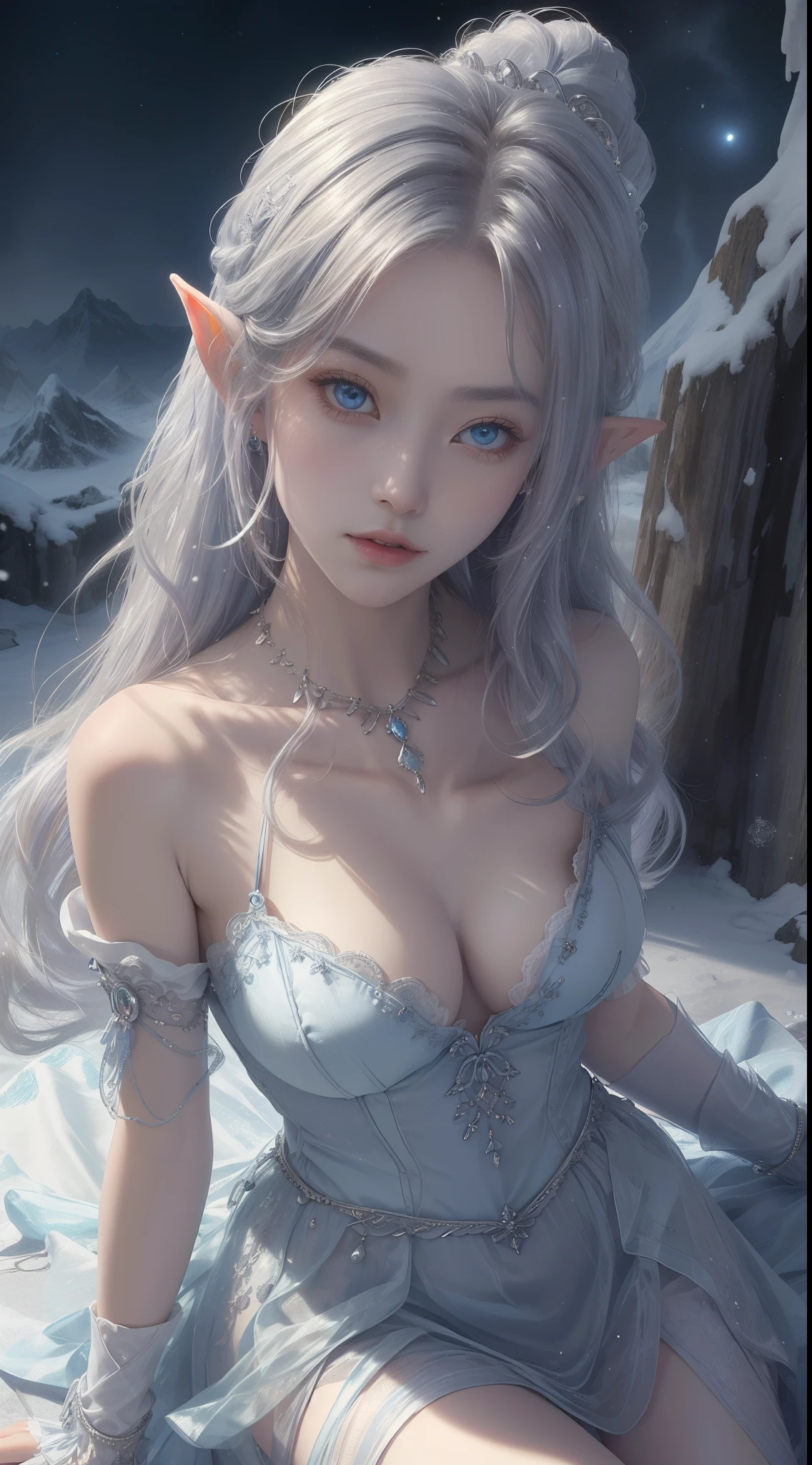 tmasterpiece,Highest image quality,Beautiful half length portrait of noble elf girl,Delicate silver hairstyle,clear sky blue eyes,Various well-made jewelry gauze skirts,snowy desert,Moonlight super detailed,advanced。At the Pixiv Art Station,Break your own power,Luigi,Big breasts exposing cleavage,R-18G