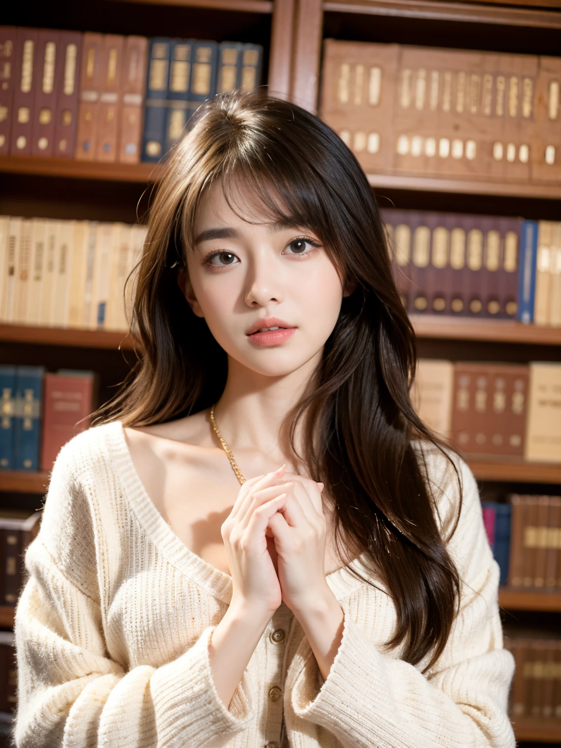 Realistic ,masterpiece, bestquality, youthful, Women, highres, portrait, Photograph_light, beautiful face, Both hands are crossed over the chest, university library bookshelf background, {{}},(ulzzang-6500-v1.1:.3)