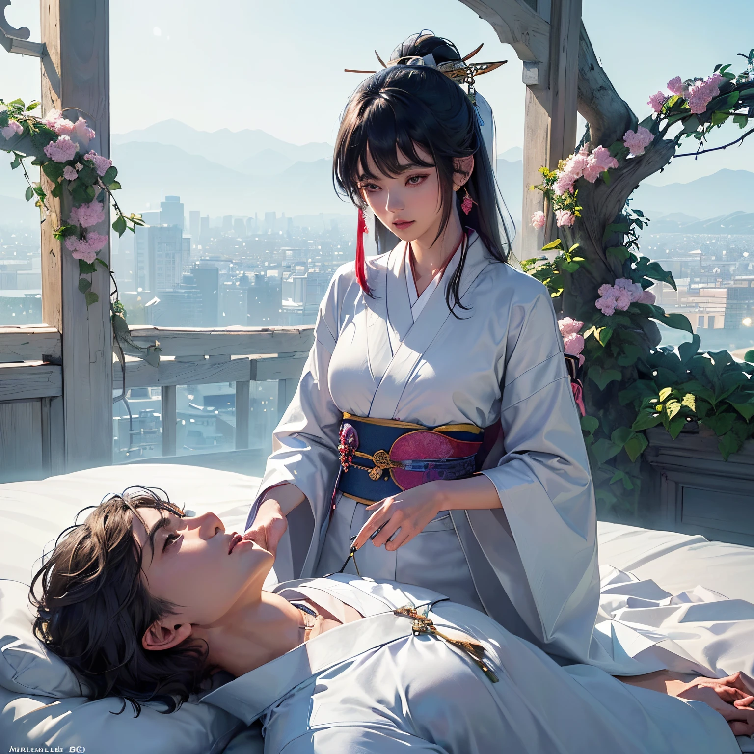 concept-art、「1 couple、A man who looks kindly at a woman、Shy woman、focal、silber hair、((A boy with androgynous features and a super beautiful girl))、tassels、bangss、carp、colourfull、bold colors、White kimono、(open)kimono、komono、Write、Japanese style background、(Two people looking at each other in bed)、the ring、a person々illuminating the」、𝓡𝓸𝓶𝓪𝓷𝓽𝓲𝓬、Master configuration、Focus on key people、masterpiece、Award-winning、top-quality、ultra-detailliert、accurate depiction、Accurate composition、lovemaking、8K
