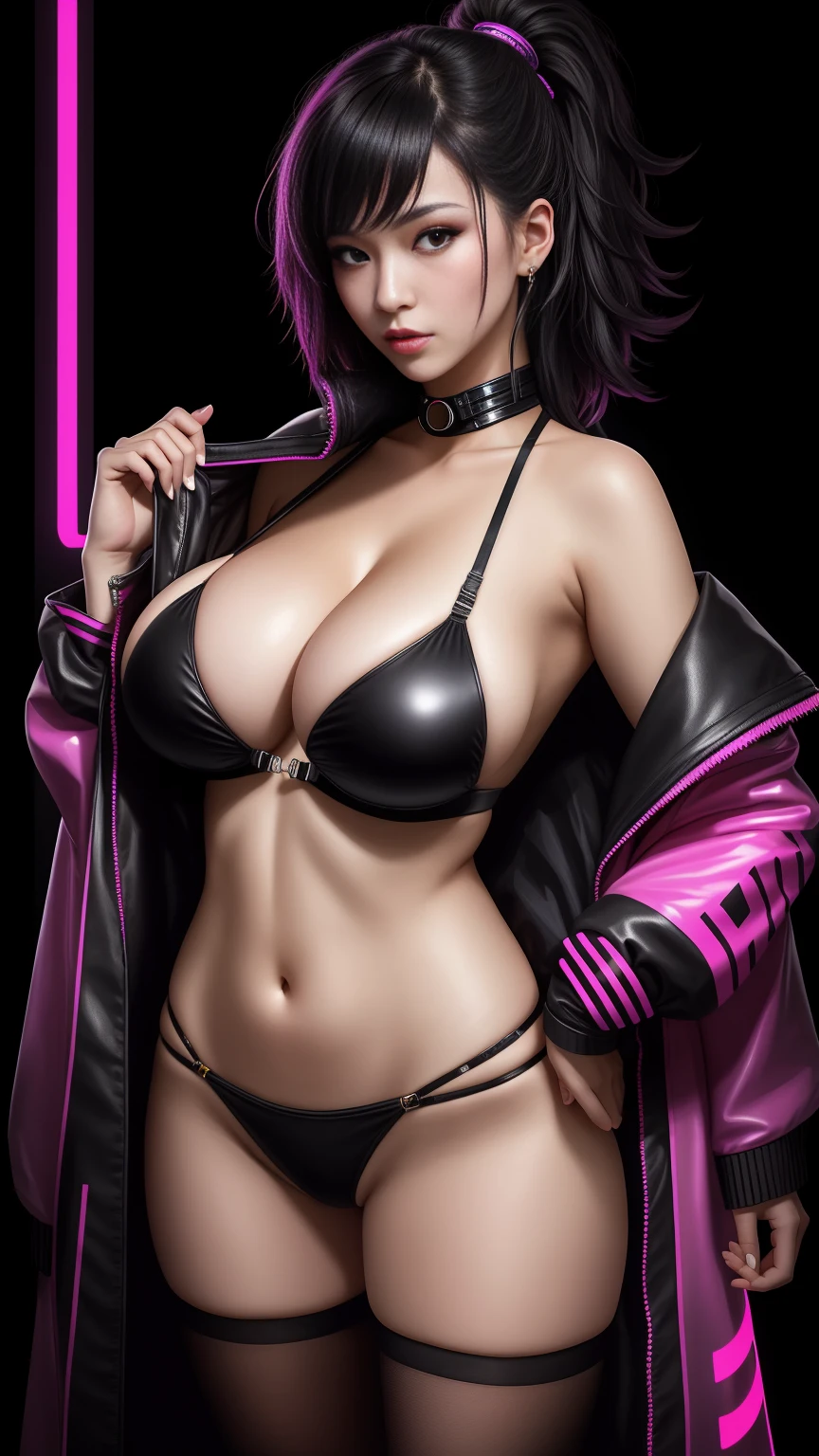 there is a Japanese woman standing, 3 d neon art of a womans body, neon-noir background, cyberpunk femme fatale, seductive cyberpunk dark fantasy, cyberpunk strip clubs, cyberpunk 20 y. o model girl, oppai cyberpunk, banner, high definition cgsociety, cgsociety masterpiece, trending on cgstation, kda, random hair, looking at camera, gigantic breasts, cleavage, (high detailed skin:1.2), 8k uhd, dslr, super lighting, high quality, film grain, high res, highly detailed, hyper realistic, beautiful face, beautiful body, beautiful eyes nose lips, alluring expression, very bold, upper boobs visible, full body photo, standing legs apart, pale translucent glowing skin, most beautiful face, cute, (well defined pubic hair:1.2)), (dark plain black background:1.4))