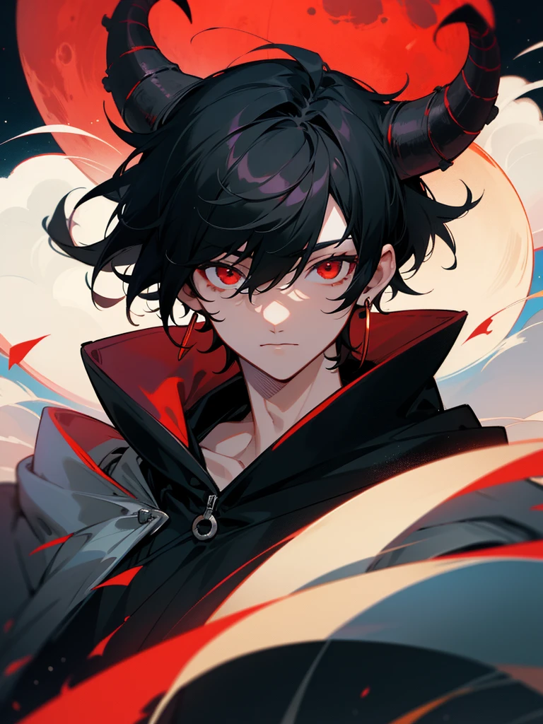 1boy, short scruffy black hair, bangs, red eyes, moon, dark night, long earrings, hoodie, horns, looking at viewer, upper body, no hands, fantasy aesthetics, highly detailed,