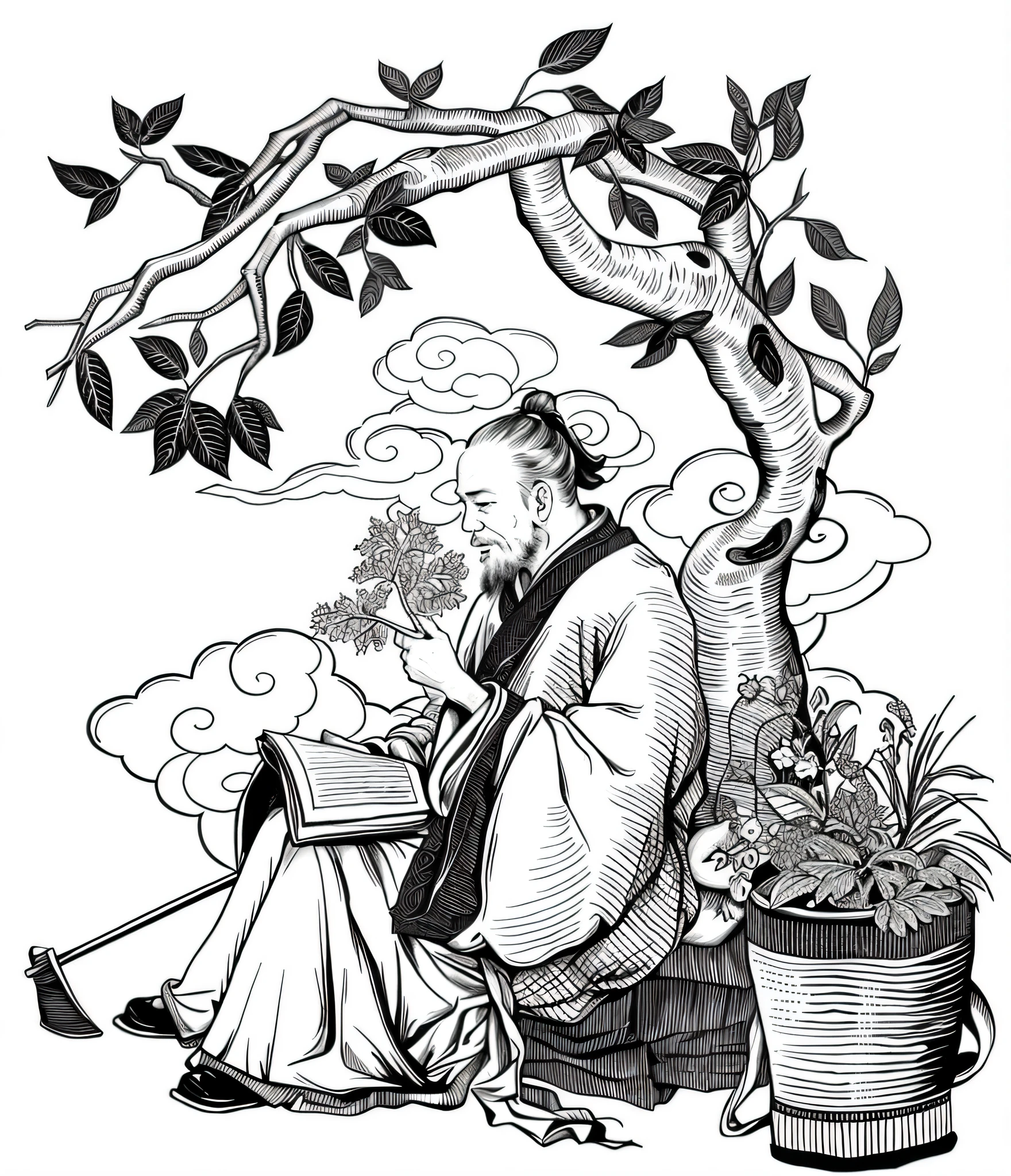 Black and white print of an old Chinese medicine doctor sitting under a tree,wearing a hanfu,Herbs in the hand,There is a medical book on the leg,There is a basket on the right,hori'tas'It's filled with various herbs, There is also a hoe for collecting herbs on the left..。