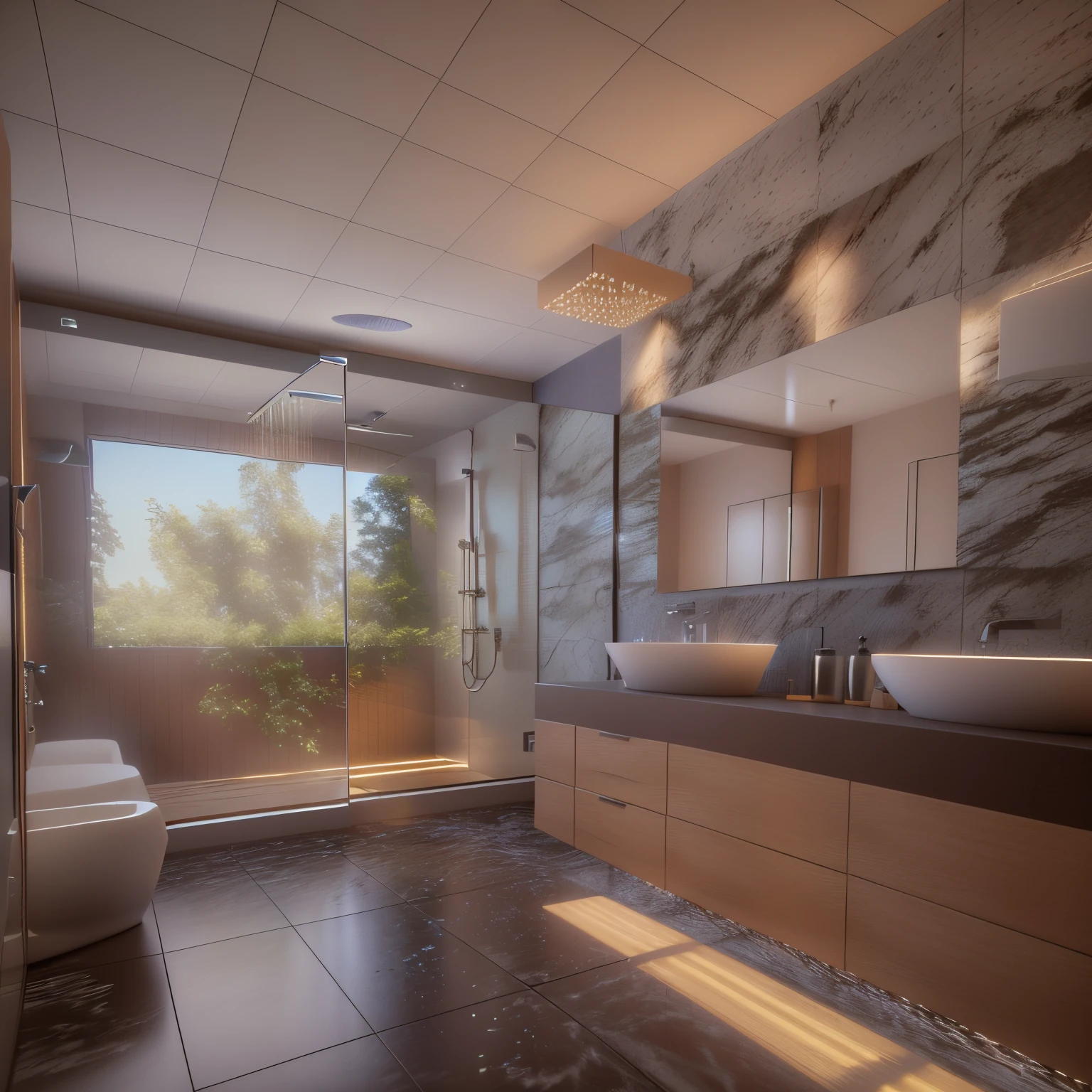 arafed bathroom with a large window and a walk in shower, render vray, render in vray, vray rendered, high quality 3d render, high quality 3 d render, premium bathroom design, modern bathroom, vray beautiful, 3 d vray render, vray render, super realistic render vray, stuning 3 d render, vray rendering
