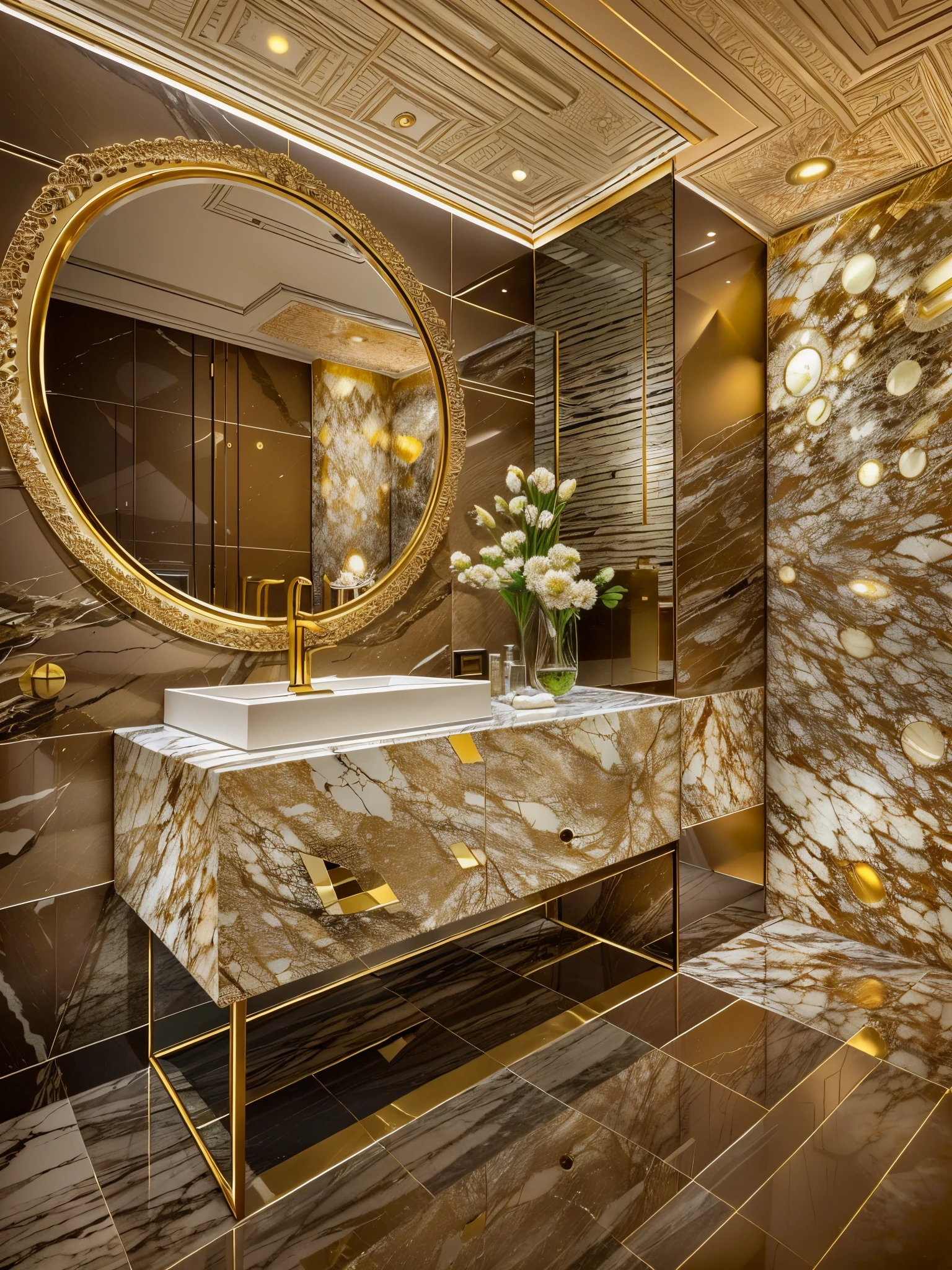 a large round mirror in a bathroom with a marble counter top, mirror and glass surfaces, gold and luxury materials, premium bathroom design, modern design, modern bathroom, extremely opulent, interior design, luxurious environment, popular interior design style, award winning interior design, modern interior design, pristine and clean design, modern setting, stylish decor, stone and glass and gold