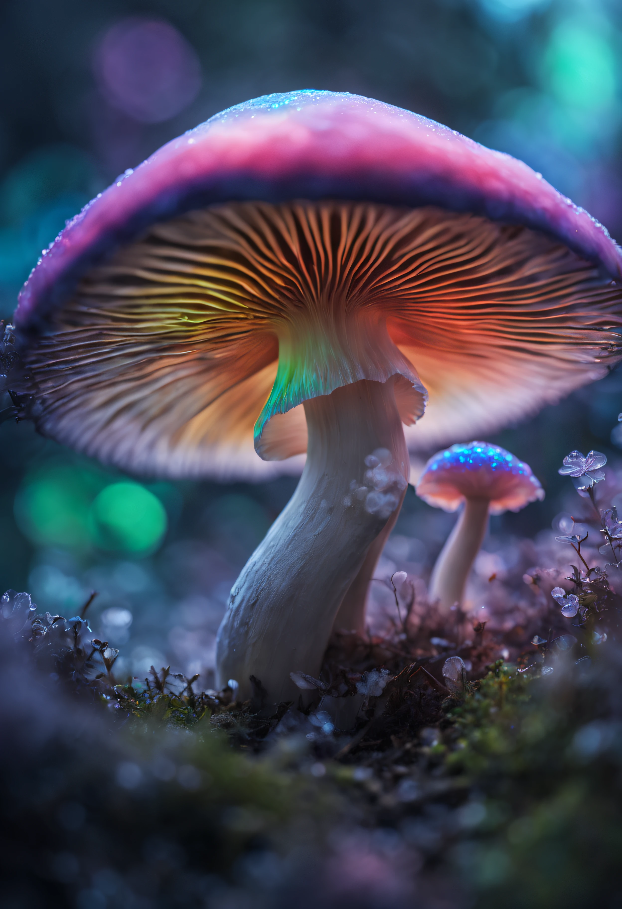 The main mushroom is frozen in ice during the freezing period.、covered with ice crystals、(((The inside of the mushroom appears to be filled with rainbow-colored smoke.)))、Mesmerizing surreal movie stills of Alice in Wonderland,、 magical dreamland bokeh background, A fascinating and eerie fantasy world, Illuminates dark shooting scenes with fantastic light。, Otherworldly elements of a familiar story, ether wonderland, mystic atmosphere, Dark magic and dark fantasy realism aesthetics, translucent bioluminescent material、Otherworldly luminescence、((Born in another world、A strangely shaped poisonous mushroom that emits bewitching smoke..,)) Ultra-realistic, (Voronoi pattern, depth of fields, (swirly bokeh:1.275), (Kodak Portra 400:0.875) :1.15), (Realistic and complex futuristic background,), (Turbulent Toxic Vapor:1.2, Magnificent surrealism, iridescent lighting, low key light:1.1), Notable masterpieces, celestial, Ethereal, epicd, Magical Light Flare, Natural, soft dreamy lighting, ((Warm Yellow and Deep Carbon:0.7), (Cinematic Look:1.15):1.15)