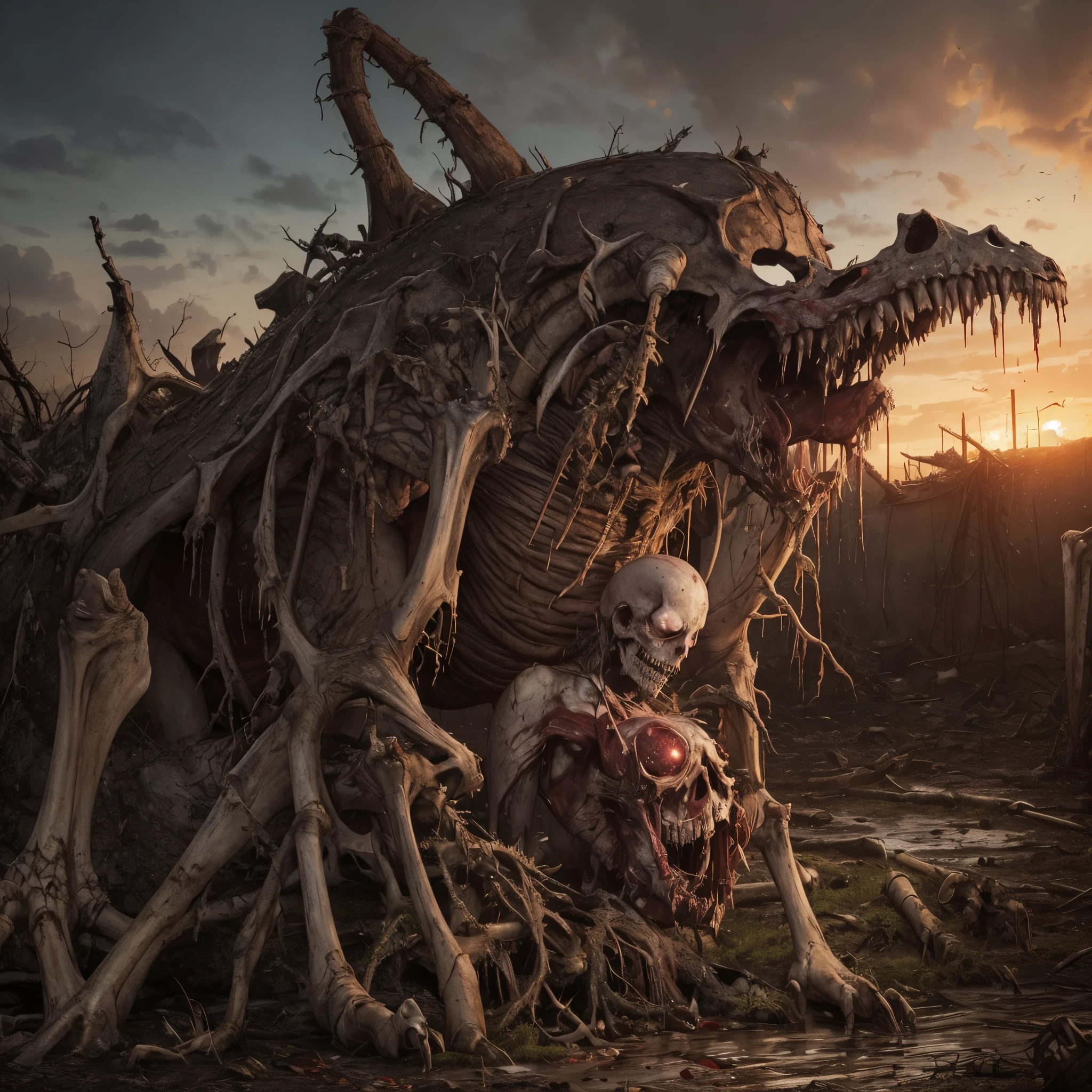 Masterpiece, highest quality, (high detail:1.2), creepy female monsters, creepy beasts, corner, phobia scene, bodies, corpsets, rotten meat, rotten skin, zoombie, blood, creepy, broken bone, bones, skeleton, a lot of dried blood and clots death, horror, obscure , shadows, swamp, horrifying creatures body rotten, sharp objects, living death, stumps, zoombies, gore, rotten organs, guts, dark macabre, virus, viruses and spores, mutants, mutations, altered DNA, sunset, strange creatures, post-apocalyptic, amputations, trauma, beats, bites, lacerations, hematomas and teratomas, post-apocalyptic background,1girl, blood tears, large breast, post mortem eyes, strange, tear the skin, blisters, rotten, fungus, undeath, dirt, human waste, exposed tissues and muscles.