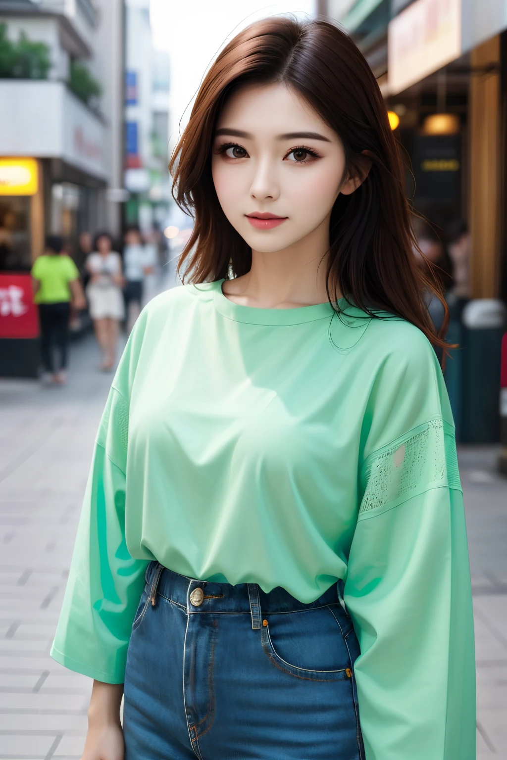 a woman, (realistic), (hyperrealism), (photorealistic), depth of field, eye makeup:0.5, (upper body:1.2), (narrow waist:0.7), looking at the viewer, casual outfit, at the city streets,