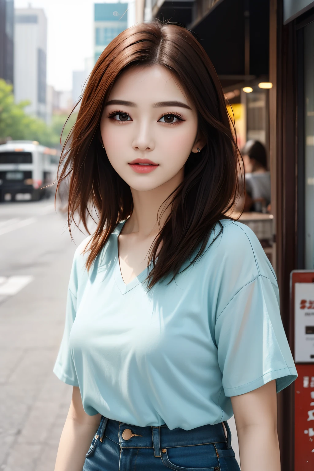 a woman, (realistic), (hyperrealism), (photorealistic), depth of field, eye makeup:0.5, (upper body:1.2), (narrow waist:0.7), looking at the viewer, casual outfit, at the city streets,