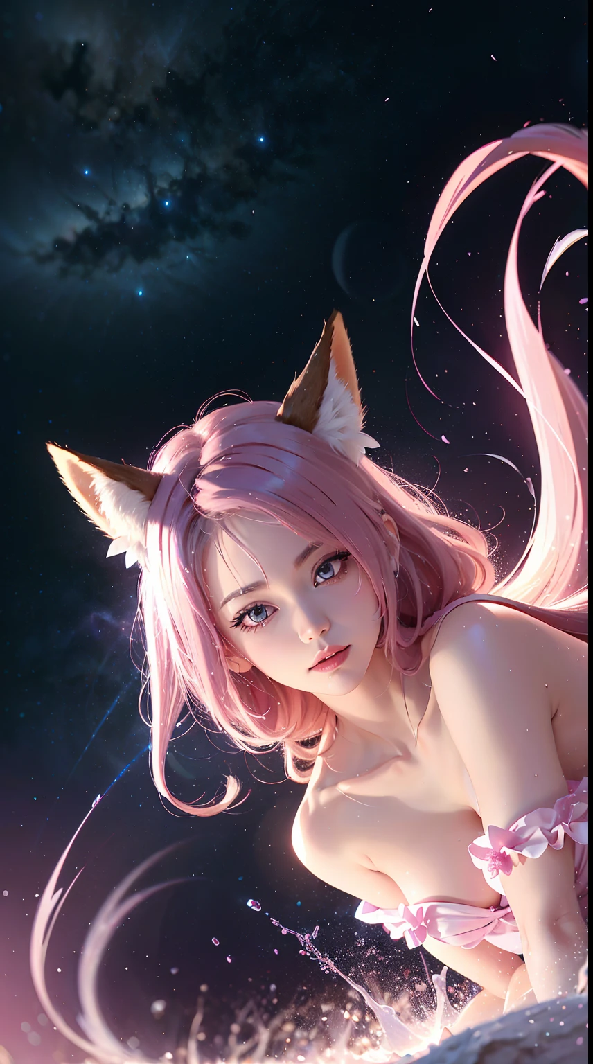 Nine snow-white fox tails (1.0), milky fox tail (1.0), fox close-up of nine tails, nine-tails, nine-tails, anime girl with pink hair and pink dress with flowers on her hair, very beautiful anime fox girl, beautiful anime fox girl, beautiful fantasy anime, guweiz, anime girl with fox ears, beautiful anime girl, very beautiful and cute fox girl, pink flower rain, background blur, anime style 4 K, anime fantasy artwork, 4k anime wallpaper, Artwork in the Guvez styleHD lighting and dark )<=(epic image quality)dark atmosphere with bright particle light(many effects in background)