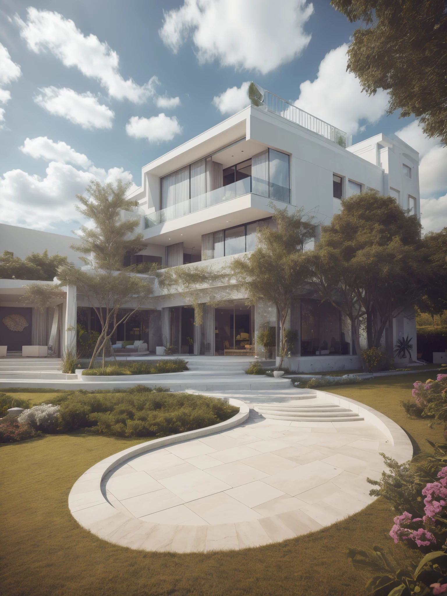 RAW photo,Masterpiece, high quality, best quality, authentic, super detail,
outdoors, house, curved, Haza, white wall, galss windows, indoors furniture,
tropical garden, Garden and walkway in front
daylight,soft light, trees, blue sky