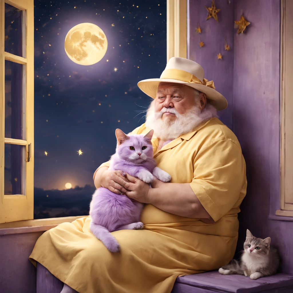 a fat old man, dressed in a light lilac dress, wearing a hat, holding a fat cat in his hands, sitting by the window under the warm light of a yellow full moon, stars in the sky, full moon, warm tones, yellow-lilac-blue color scheme, soft colors, ultra quality, 8k, HD