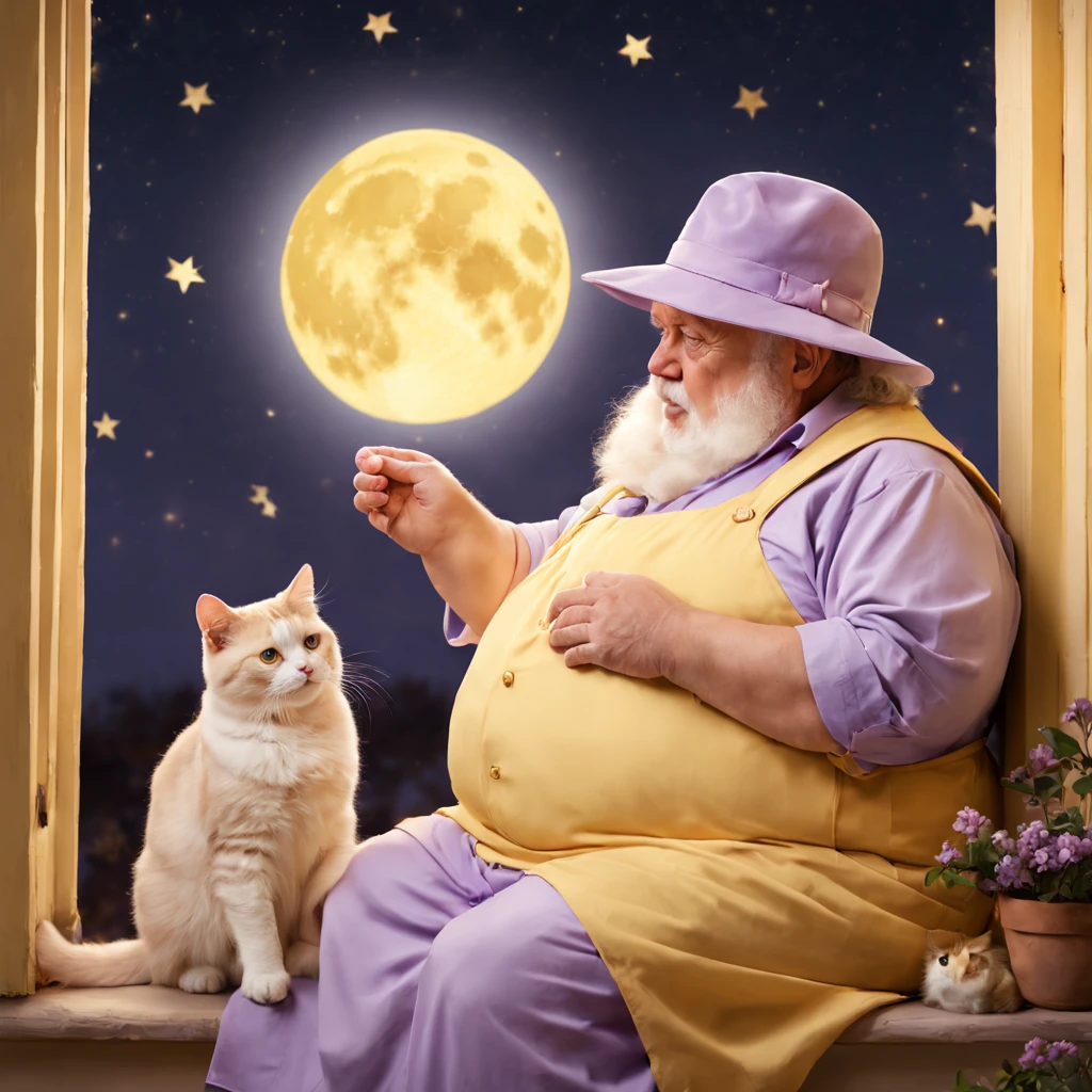 a fat old man, dressed in a light lilac dress, wearing a hat, holding a fat cat in his hands, sitting by the window under the warm light of a yellow full moon, stars in the sky, full moon, warm tones, yellow-lilac-blue color scheme, soft colors, ultra quality, 8k, HD
