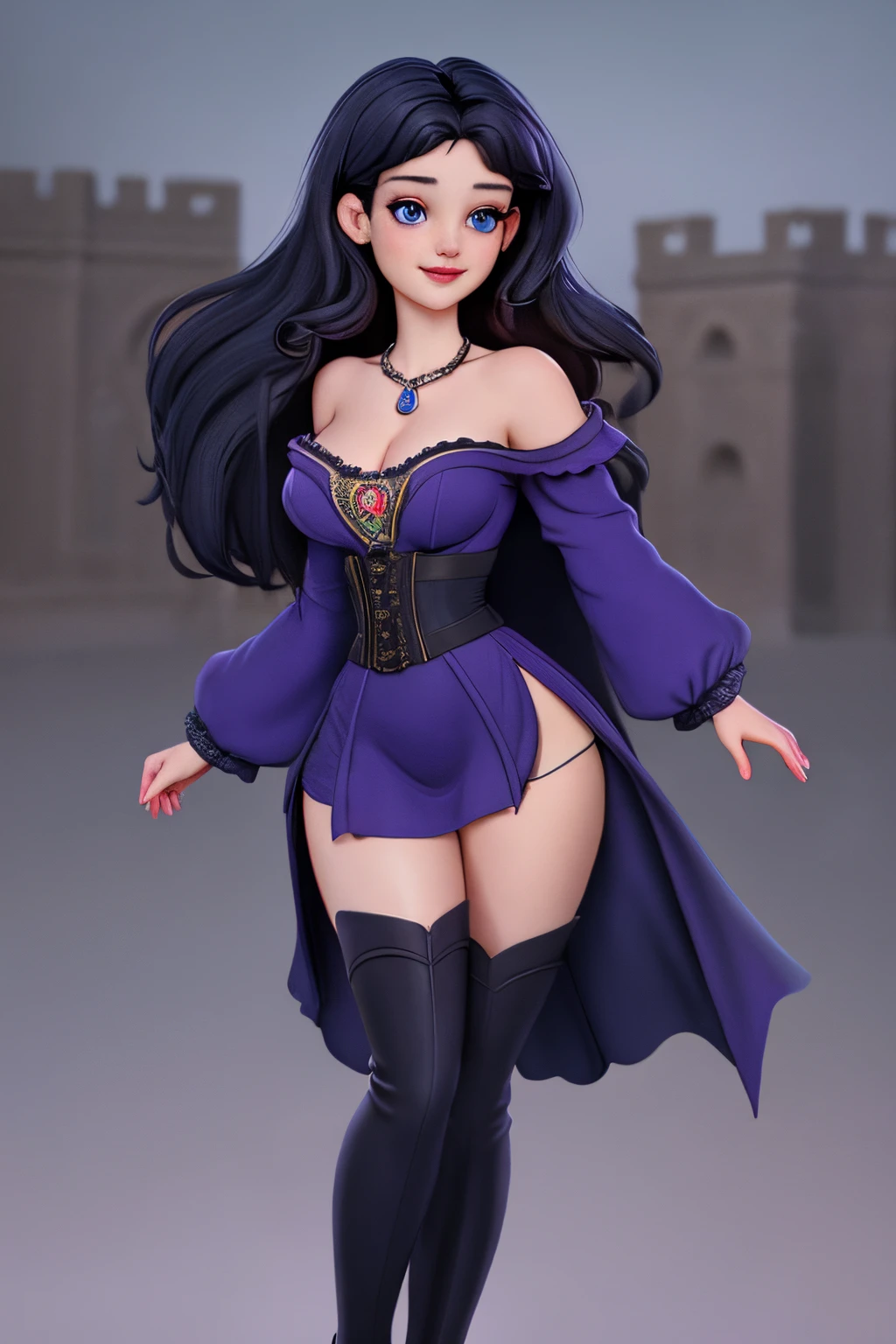 close up 1girl in, 20years, Solo, Aesthetic artwork, long dark blue hair, thick dark blue hair, Violet eyes, clear skin, pale skin, massive breasts, DD-Cup, cleavage, fit body, (round hips, thin waist: 1.25), (Sirius face, dark lipstick, mischievous smile:1.1), key necklace, (wearing full length wizard robes purple, corset, bare shoulders, thigh high boots, chains:1.1), (detailed Castle roof background:1.1), rooftop, overlooking medieval city, 4k textures, soft cinematic light, RAW intricate, elegant, highly detailed, sharp focus, soothing tones, insane details, intricate details, hyperdetailed, low contrast, soft light, exposure blend, hdr, faded