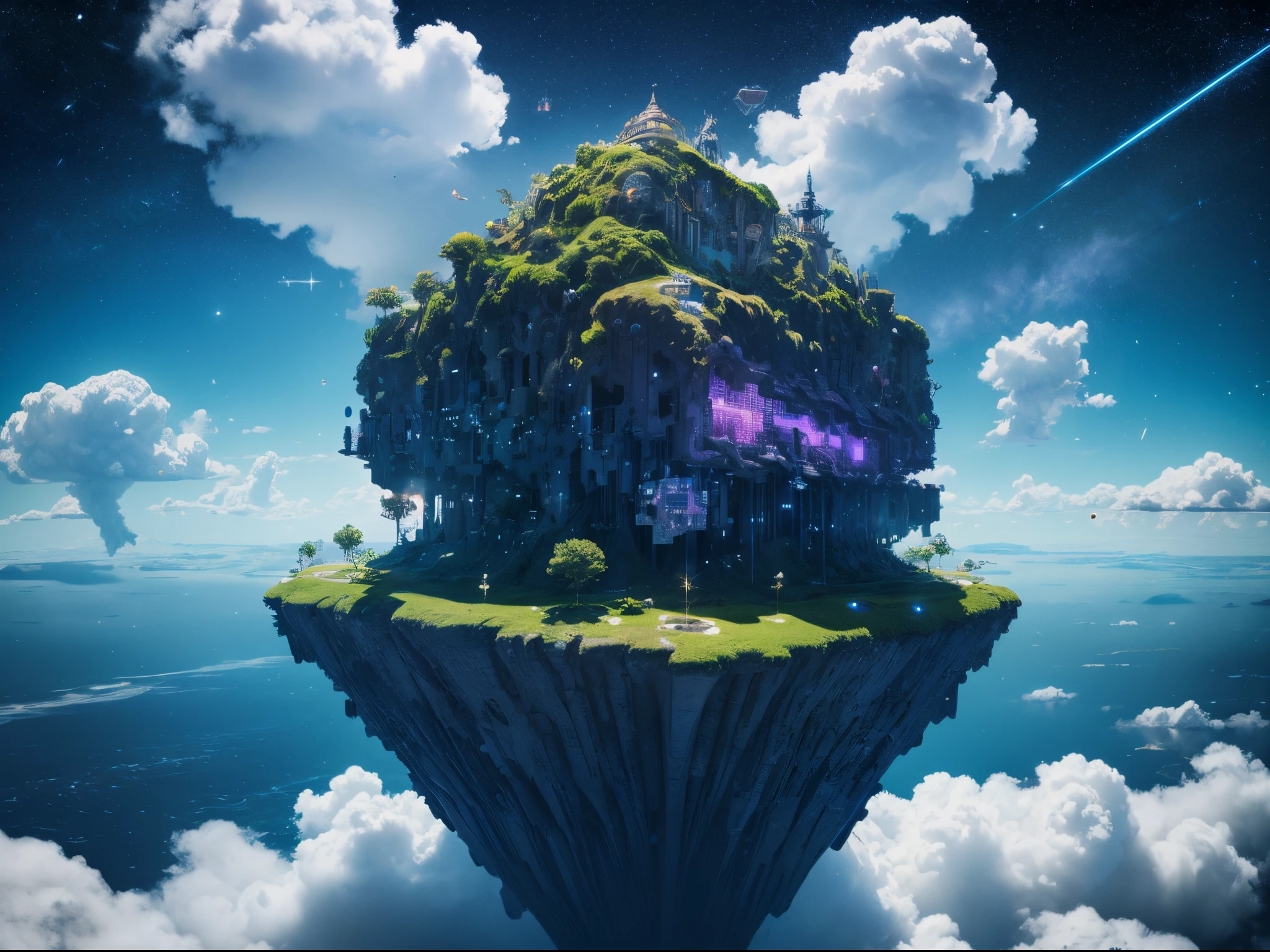 A surreal dreamscape unfolds, where floating islands made of pixelated clouds drift in a sky filled with glitching constellations. In the center, a surreal creature composed of code and circuitry contemplates its existence.