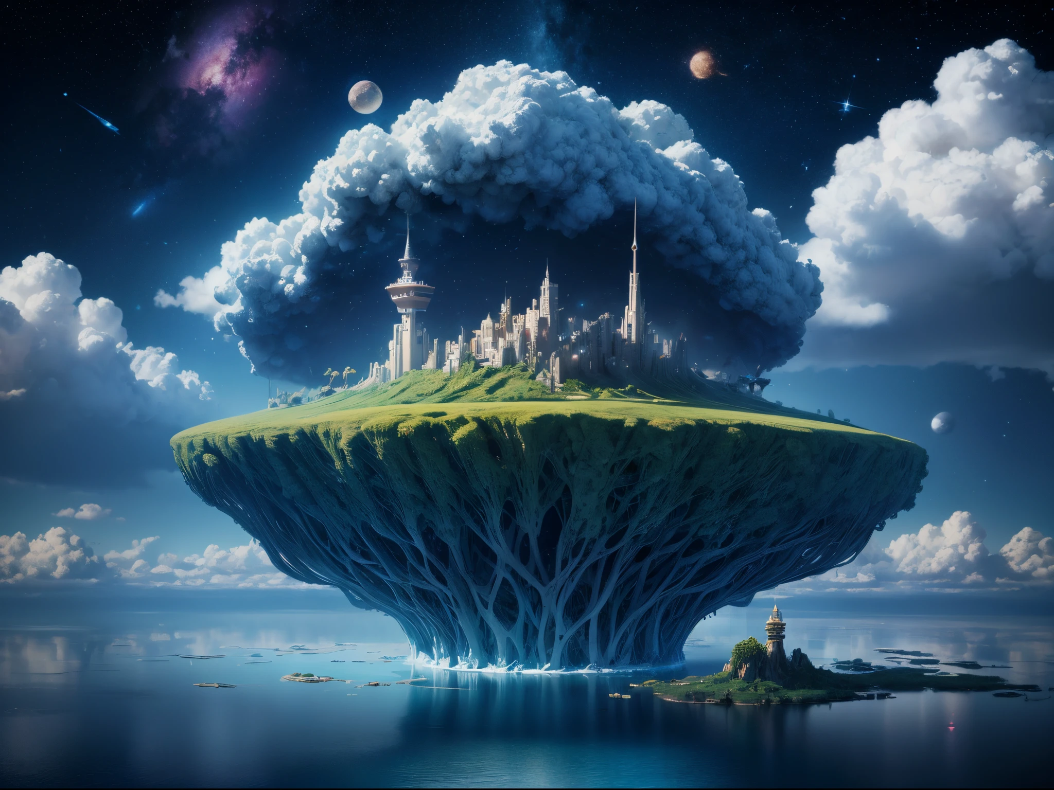 A surreal dreamscape unfolds, where floating islands made of pixelated clouds drift in a sky filled with glitching constellations. In the center, a surreal creature composed of code and circuitry contemplates its existence.