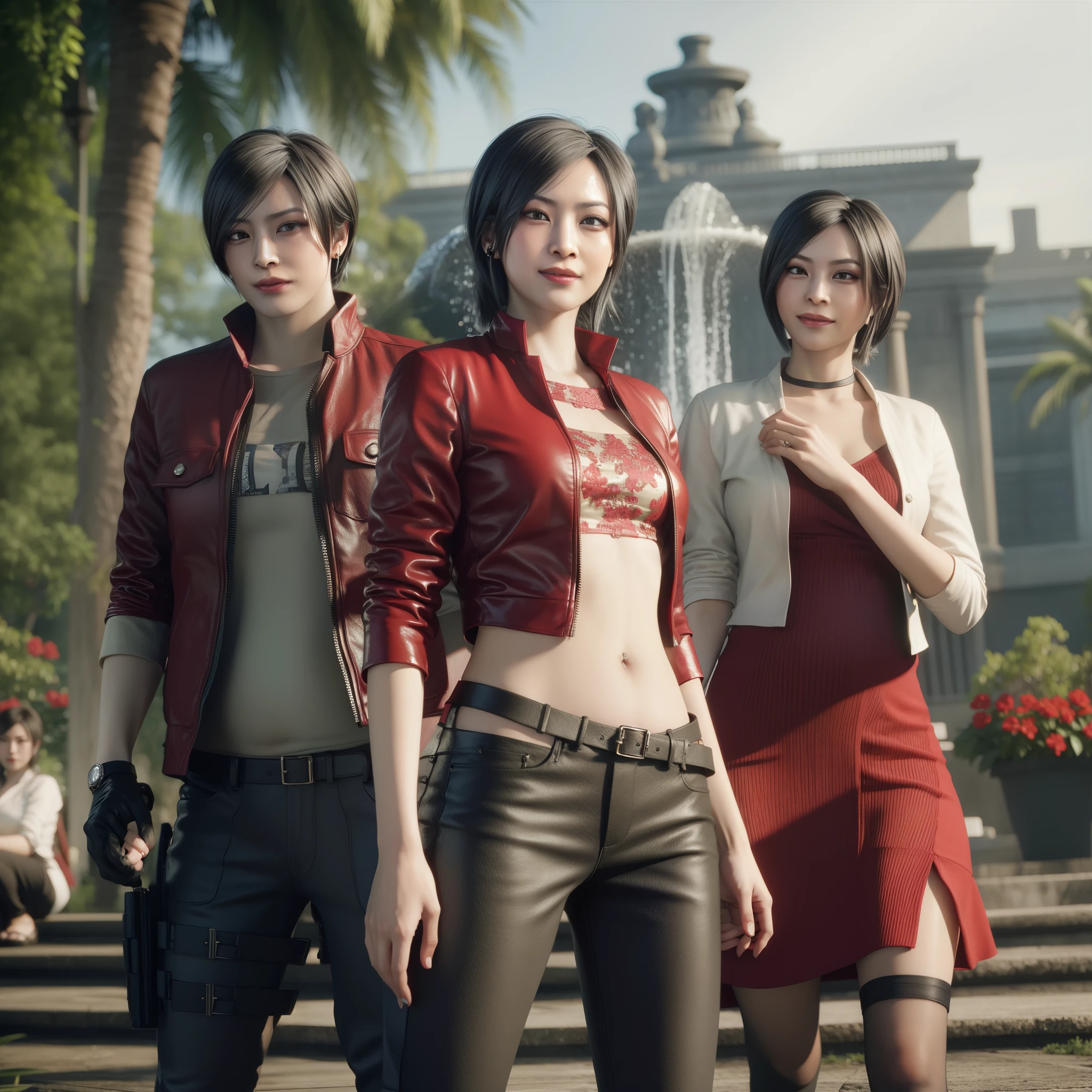 Ada wong ,Woman, wearing mini red dress, bob hair, Wearing Earrings, red polish, glare, pregnant, happy expression, smiling