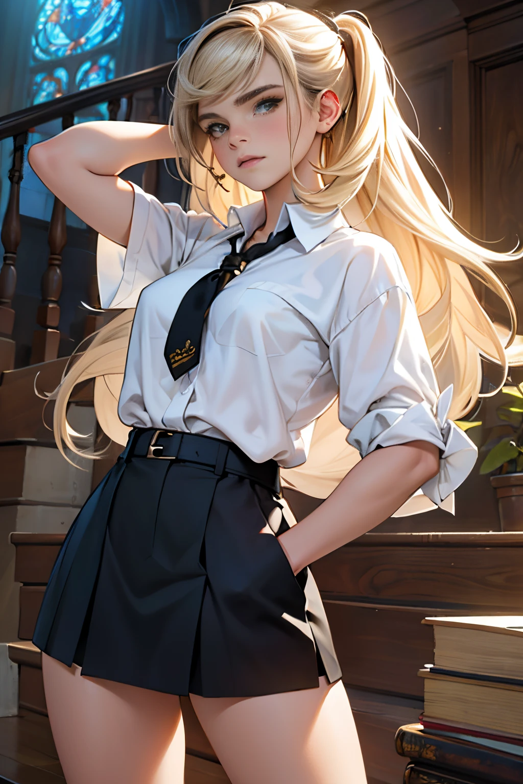 Realistic, photorealistic portrait of a beautiful young woman with thick thighs, blonde hair、blue eyes、(eye focus:1.3,face focus,cowboy shot),(gradient eyes:1.3),(mini skirt, showing , sitting
)、(grin:1.3),cute face、(tareme:1.3),4K resolution, best quality, masterpiece
